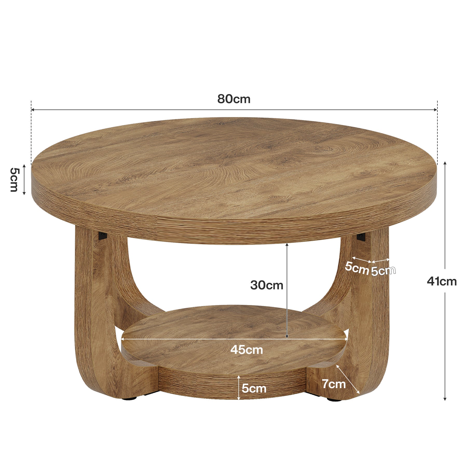 80 cm Runder 2-stöckiger Couchtisch mit Stauraum in Rustikalbraun