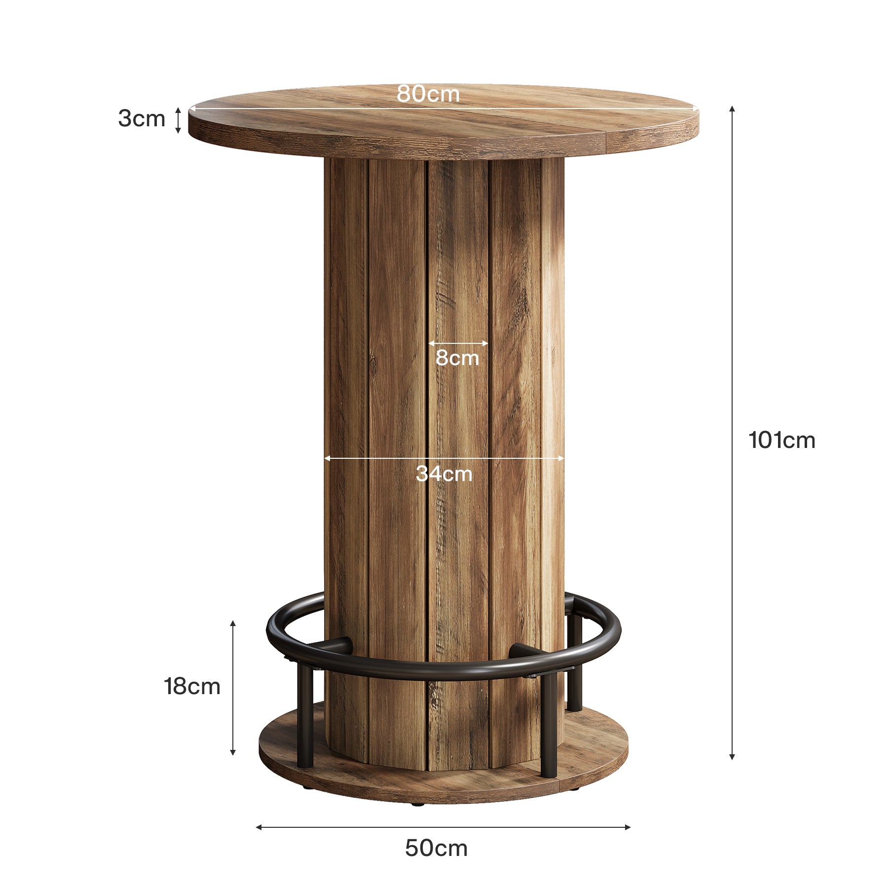 80 cm Runder Esstisch mit Holzstreifen-Basis - Kleiner Kreistisch mit Fußstütze in Braun für Küche & Minibar