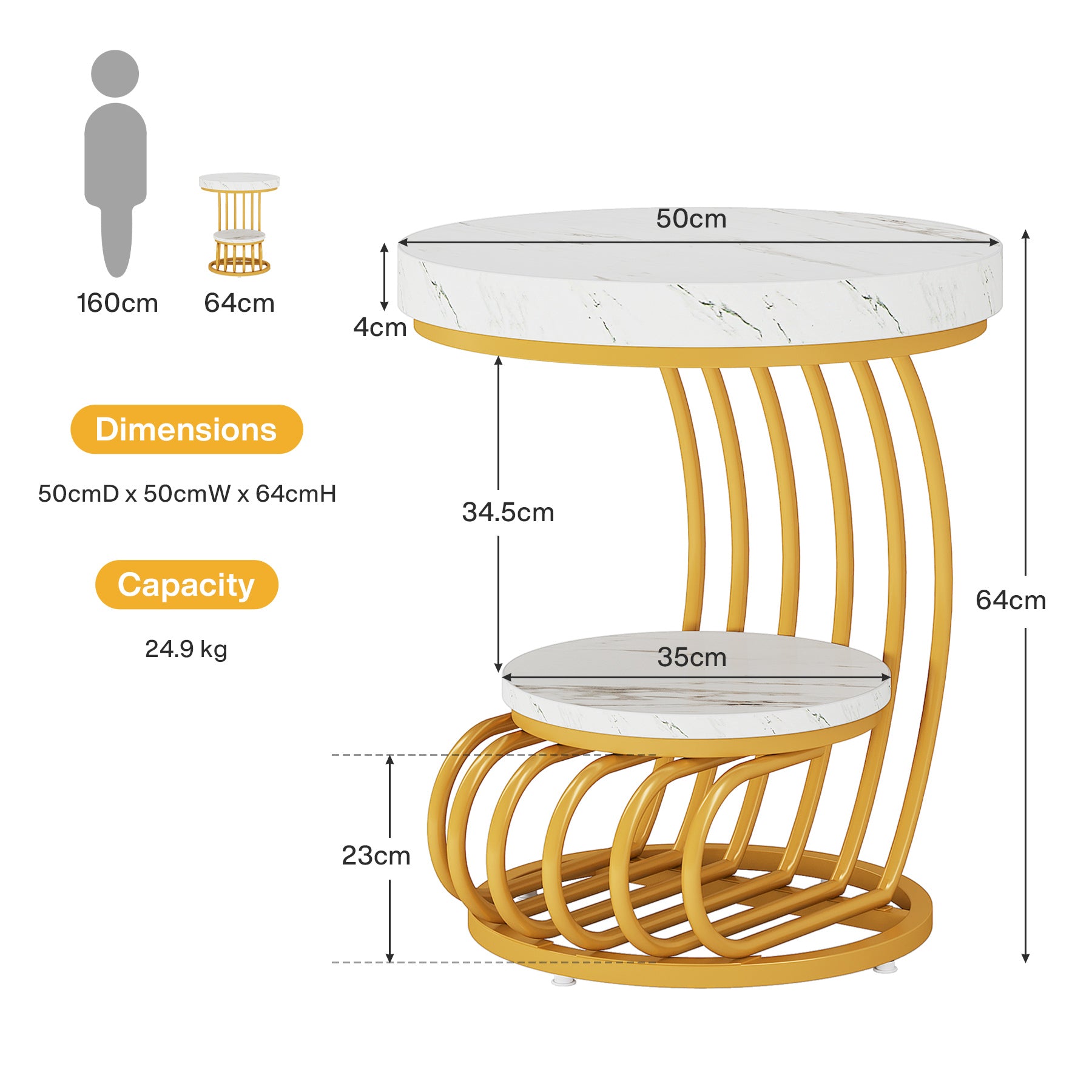 Runder Beistelltisch, 2-stöckiger Beistelltisch aus Kunstmarmor mit Ablagefläche