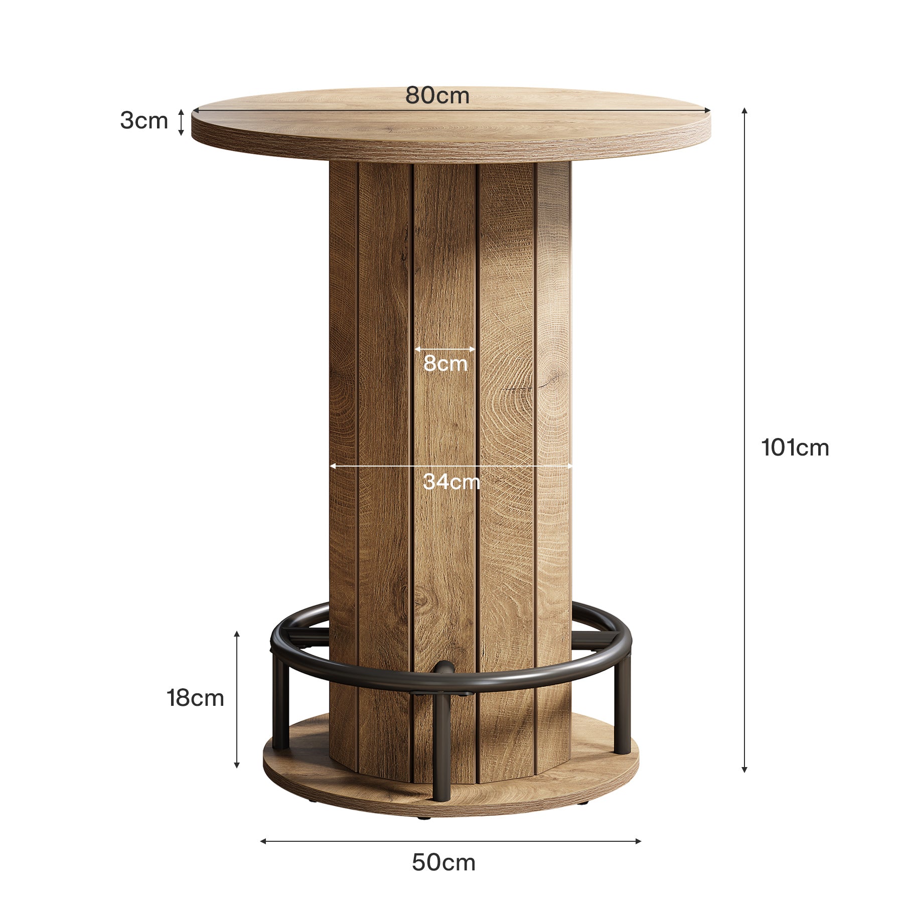80 cm Runder Esstisch mit Holzstreifen-Basis - Kleiner Kreistisch mit Fußstütze in Braun für Küche & Minibar