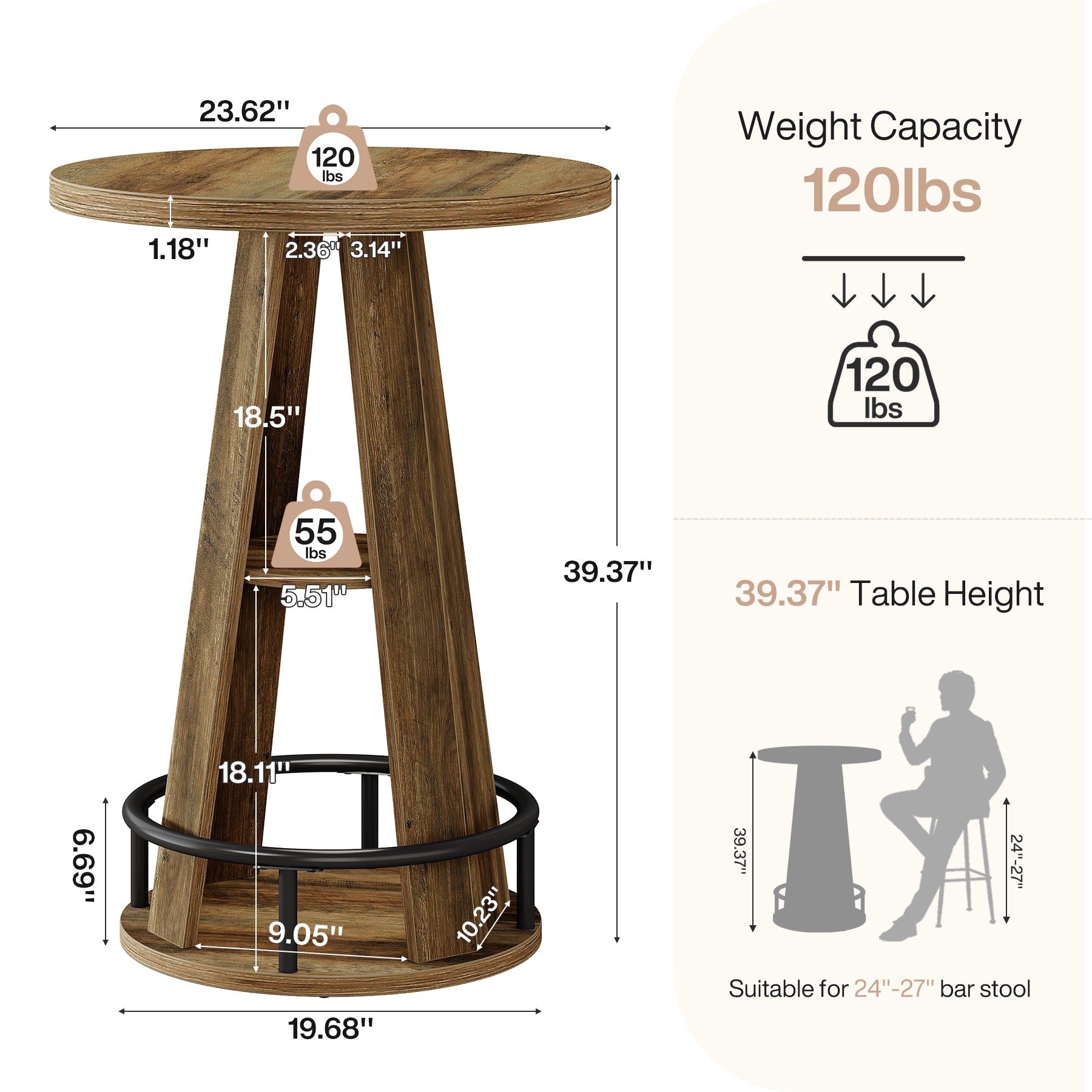 Tribesigns Runder Bartisch 100 cm, Bistrotisch mit 3 Ablagen & Fußstütze, Industrial Stehtisch für Küche & Wohnzimmer