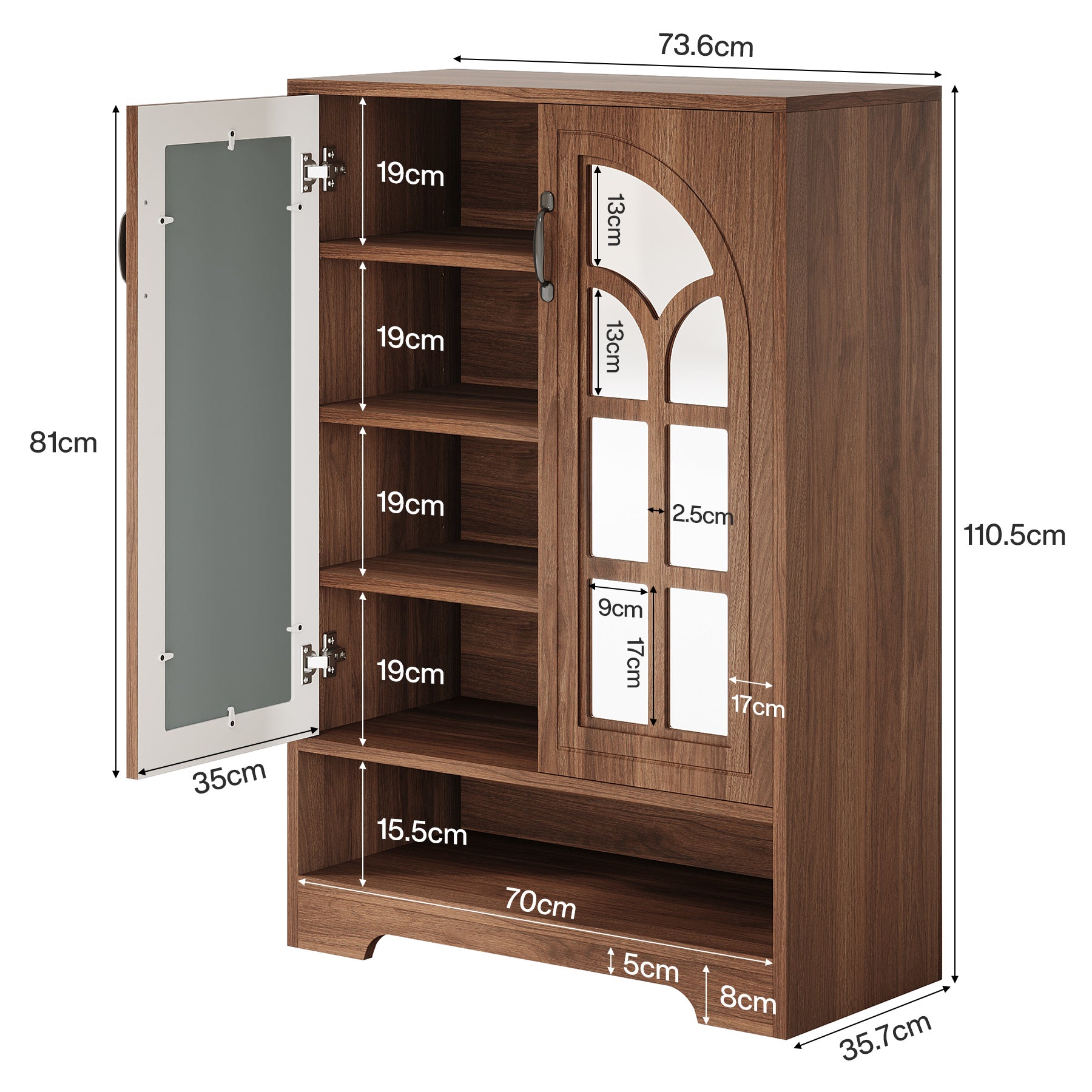 73.6 cm Antiker Schuhschrank mit Spiegeltüren & 5 Regalen – Platzsparend für Diele & Wohnzimmer in Braun