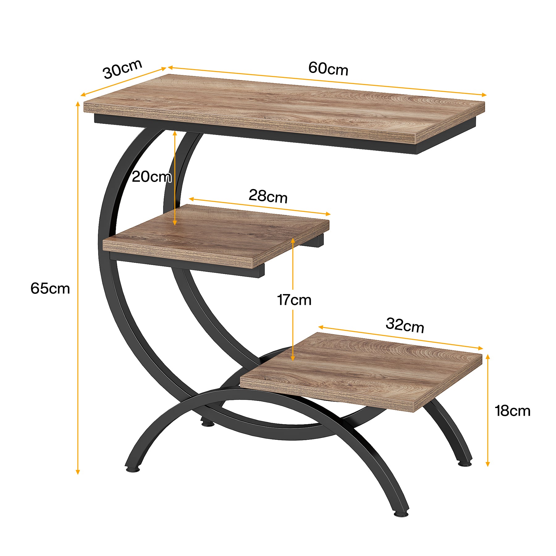 Industrieller C-förmiger Beistelltisch - 3-stöckiger kleiner Tisch mit Ablagefächern