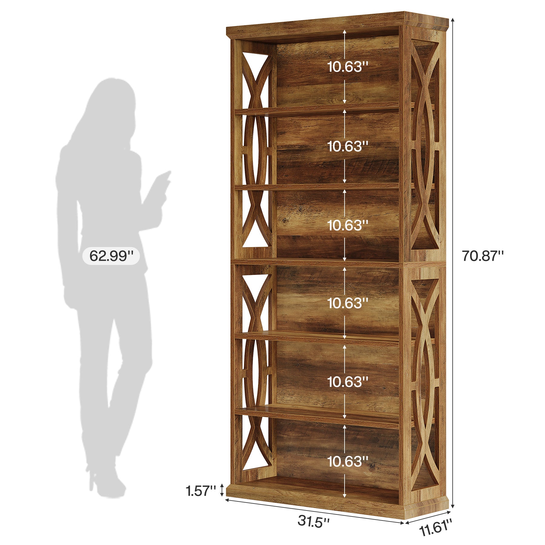 180 cm 6-stufiges Bücherregal, freistehendes Industrie-Regal aus Holz für Wohnzimmer & Homeoffice
