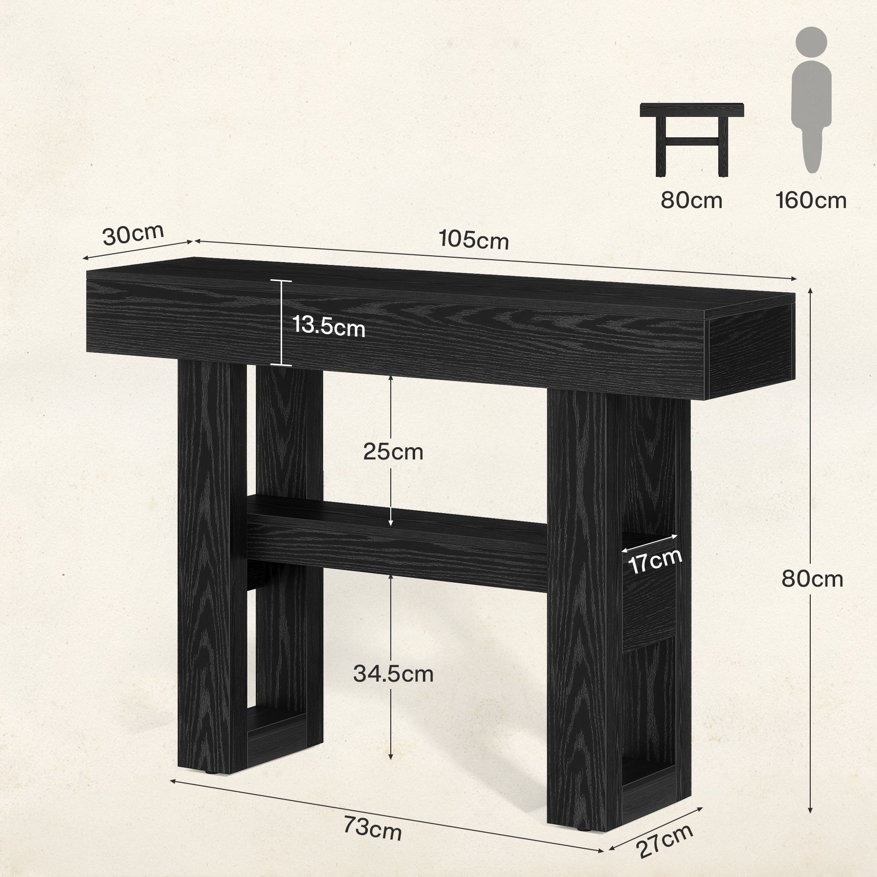 105 cm Farmhouse Konsoletisch mit 2 Ebenen - Schmaler Flurtisch in Rustikalbraun mit Ablagefächern