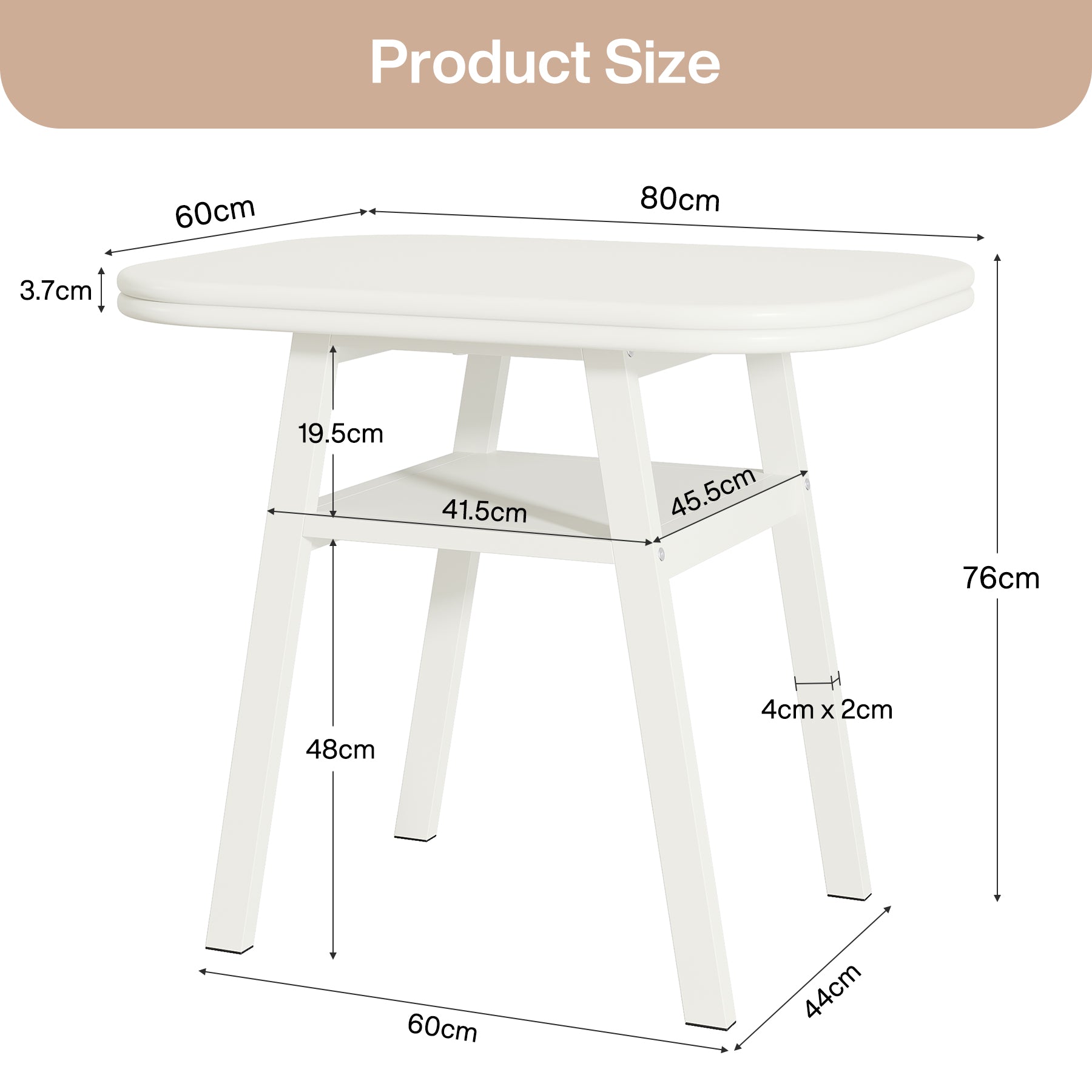 80 cm Esstisch für 2-4 Personen, Moderner Küchentisch mit Ablage und Metallgestell in Weiß