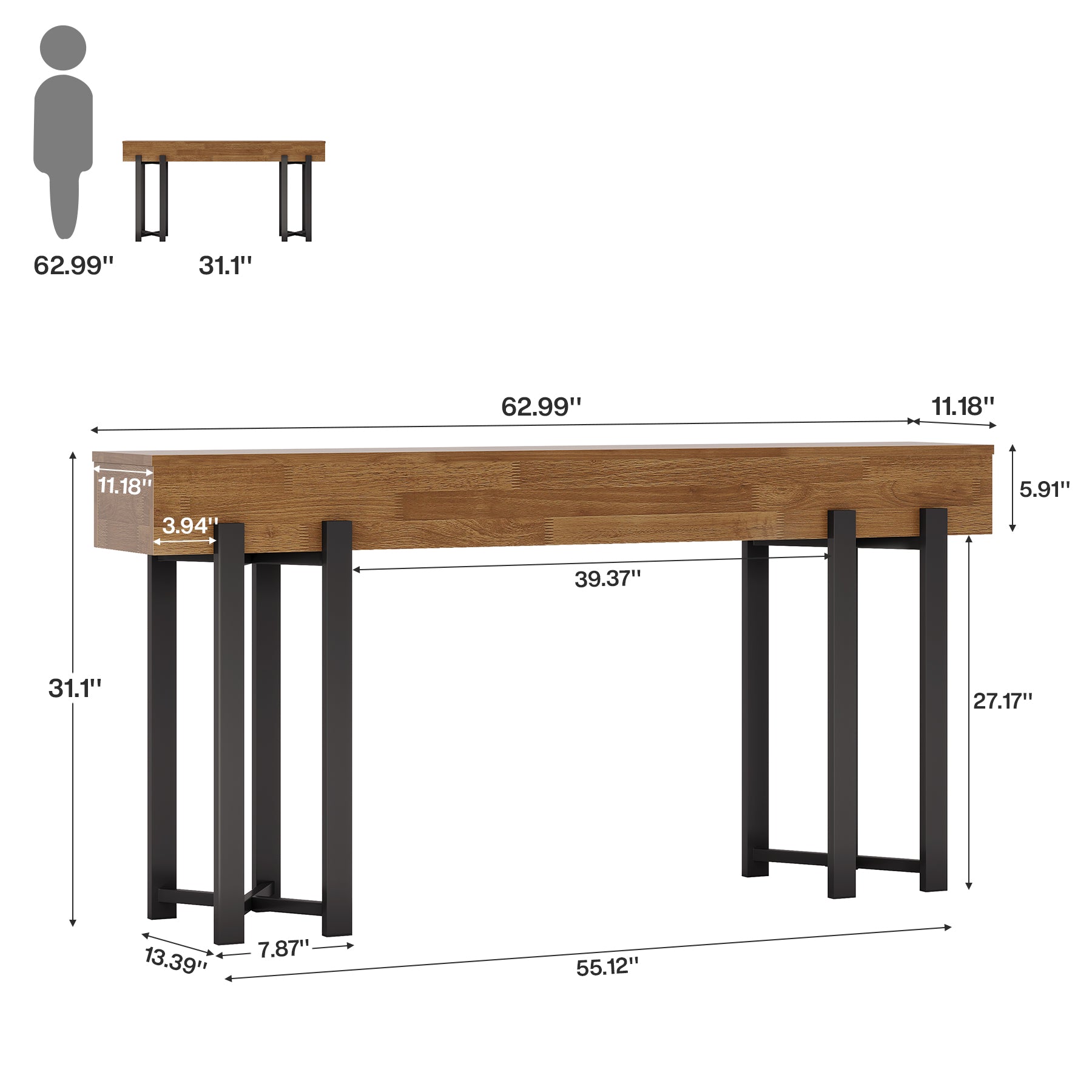Robuster Landhaus Konsolentisch, 160 cm schmal mit Metallgestell für Flur und Home-Office