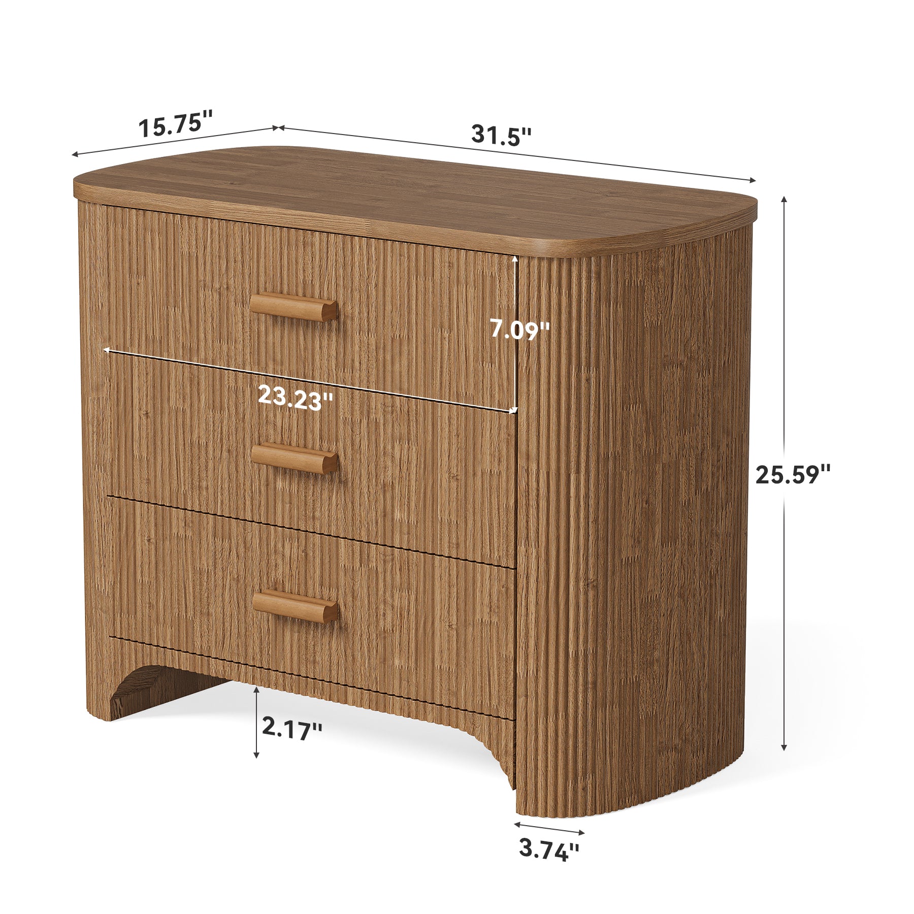 Breiter Nachttisch mit 3 Schubladen, Großer Mid Century Modern Beistelltisch mit Geriffelter Front & Geschlossener Rückwand