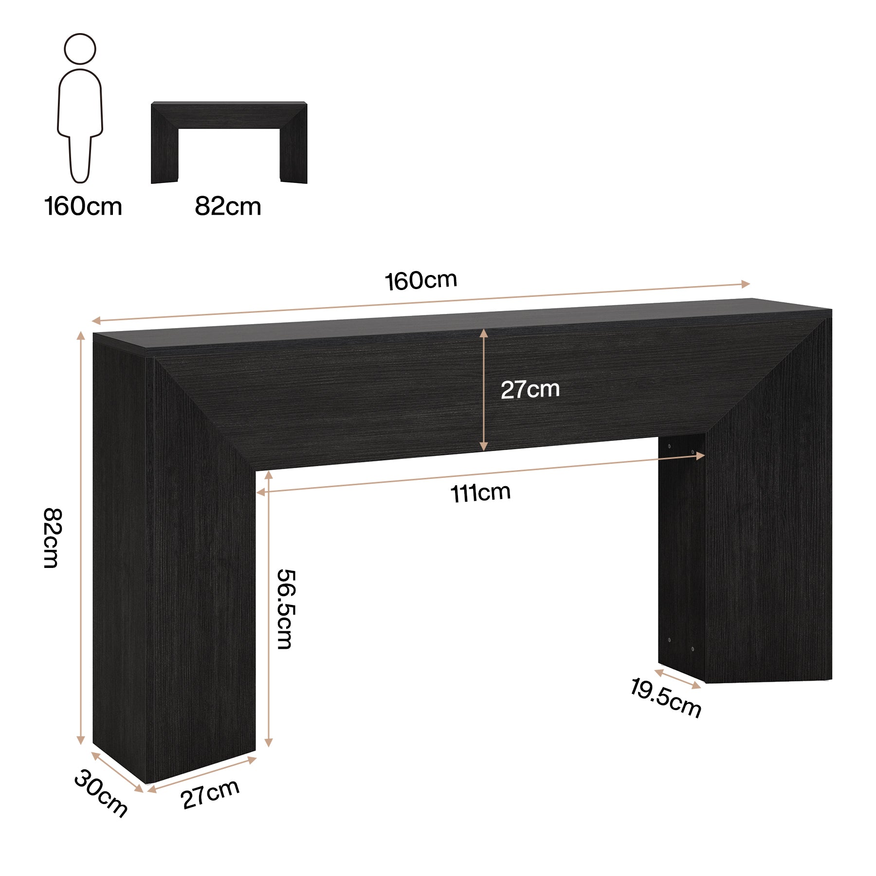 Konsolentisch 160 cm, extra langer schmaler Holztisch für Flur, hinter Sofa, Wohnzimmer und Eingang