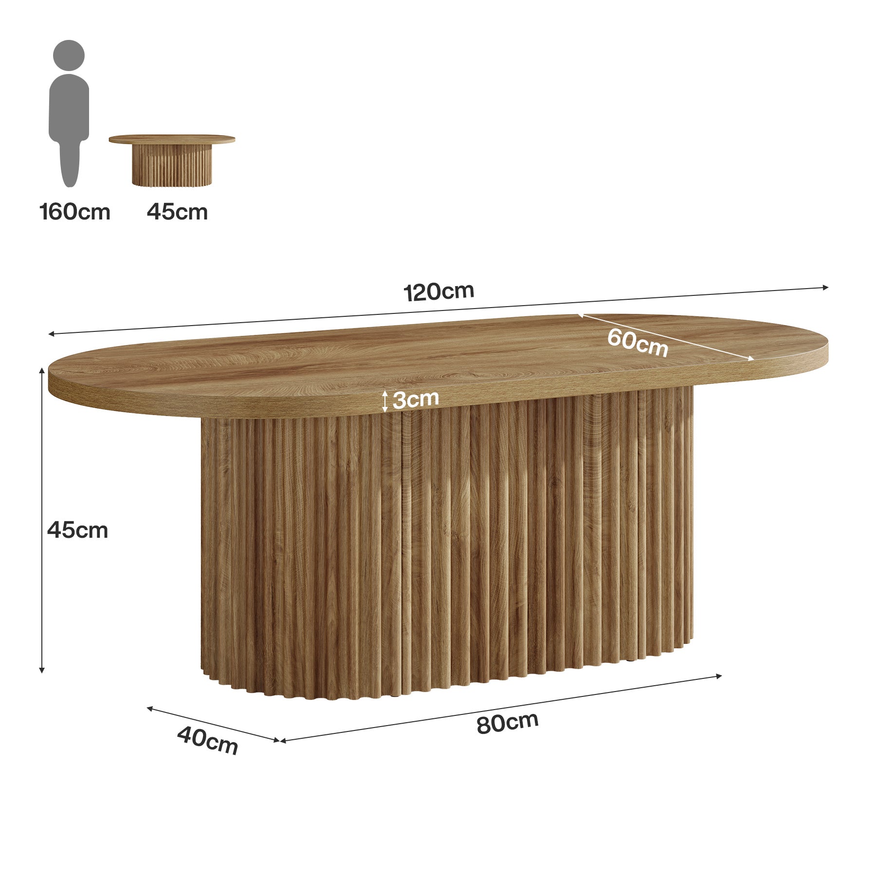 Ovaler 120 cm Couchtisch aus Holz, Rustikaler Sofatisch mit Rillenstruktur