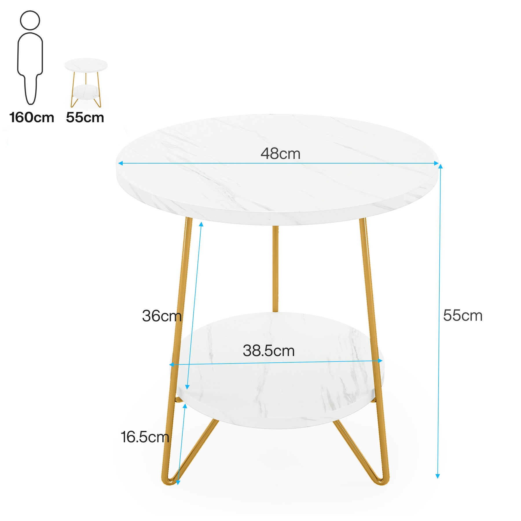 Beistelltisch aus Kunstmarmor, runder Sofa-Nachttisch mit zwei Ebenen und Regalen