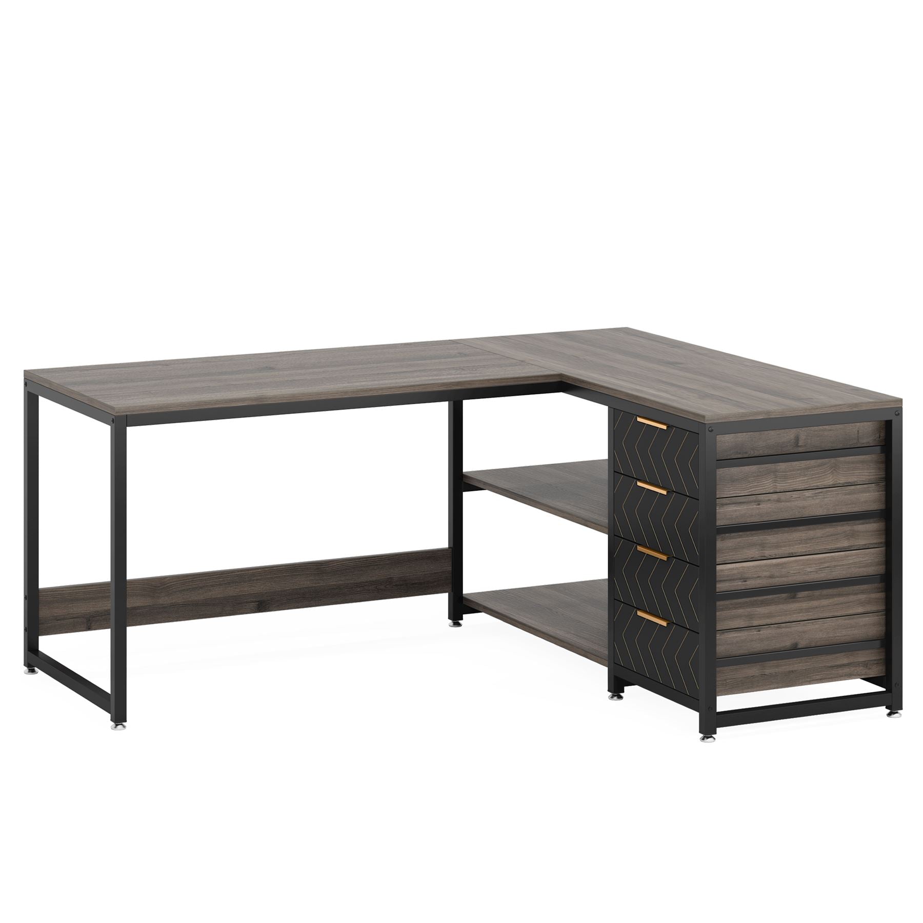 150 cm L-förmiger Schreibtisch, umkehrbarer Eckschreibtisch mit Schubladen und Regalen