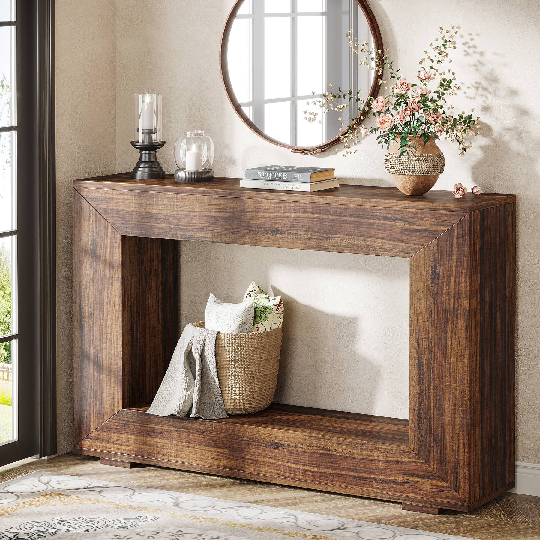 Konsolentisch im Landhausstil, 120cm Sofatisch aus Holz für den Eingangsbereich mit Stauraum