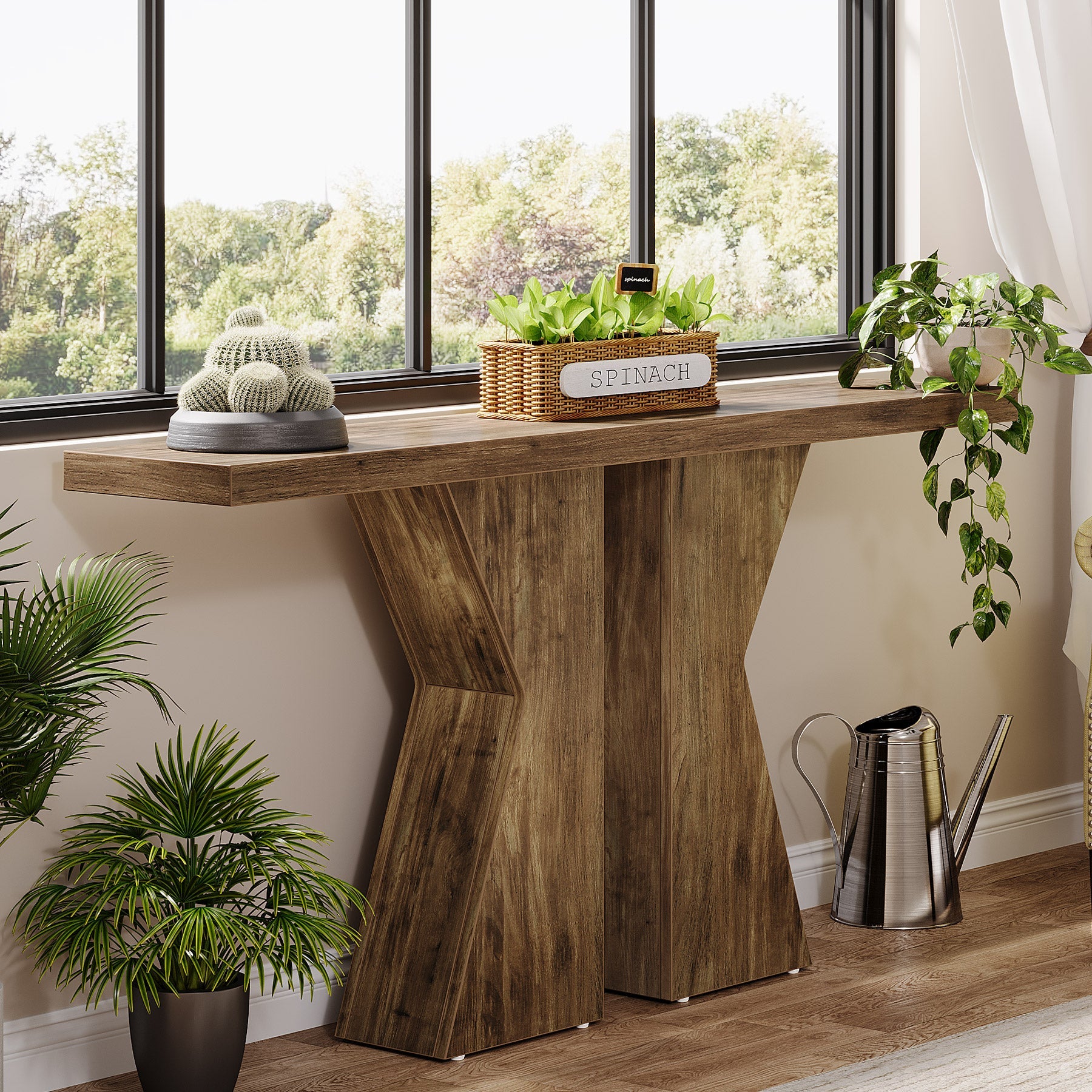 Konsolentisch aus Holz, 140cm Sofatisch, Eingangstisch mit K-förmigem Rahmen