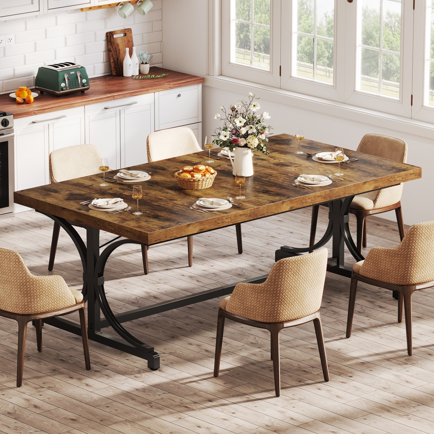 Wood Dining Table, 62.4" Sturdy Kitchen Table for Kitchen, Living Room Tribesigns