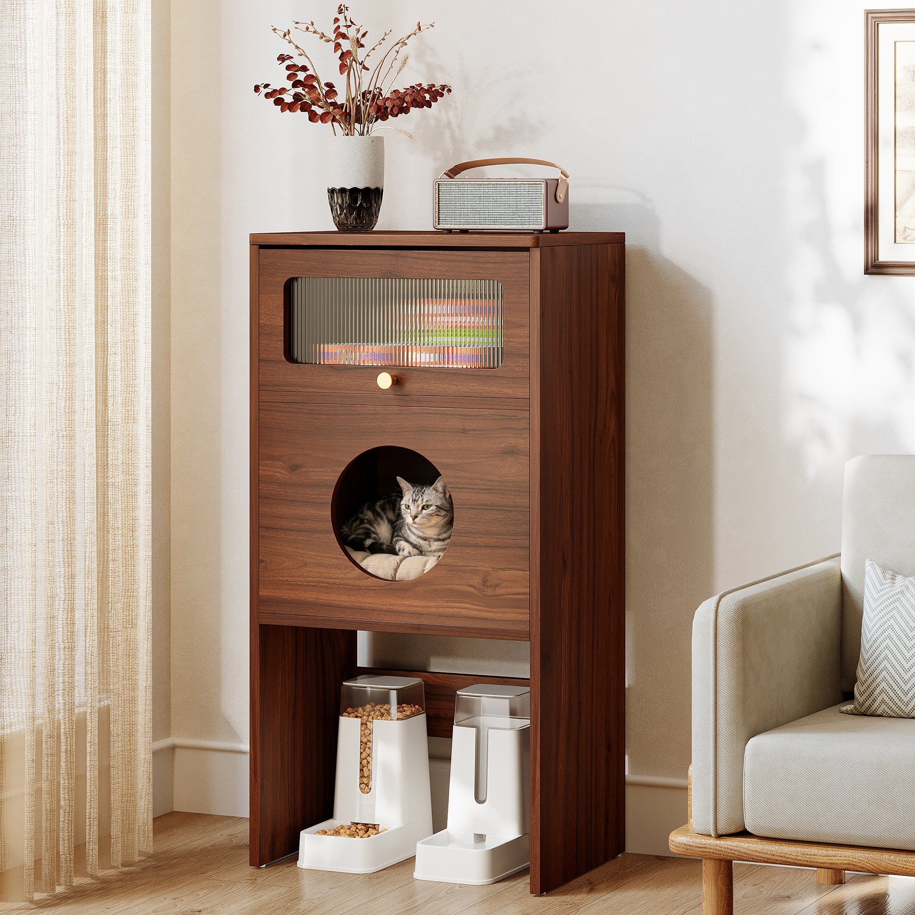 Katzenhaus Möbel mit Stauraum – Katzenklo Schrank & Beistelltisch 2-in-1, Indoor Katzenmöbel für kleine Wohnungen