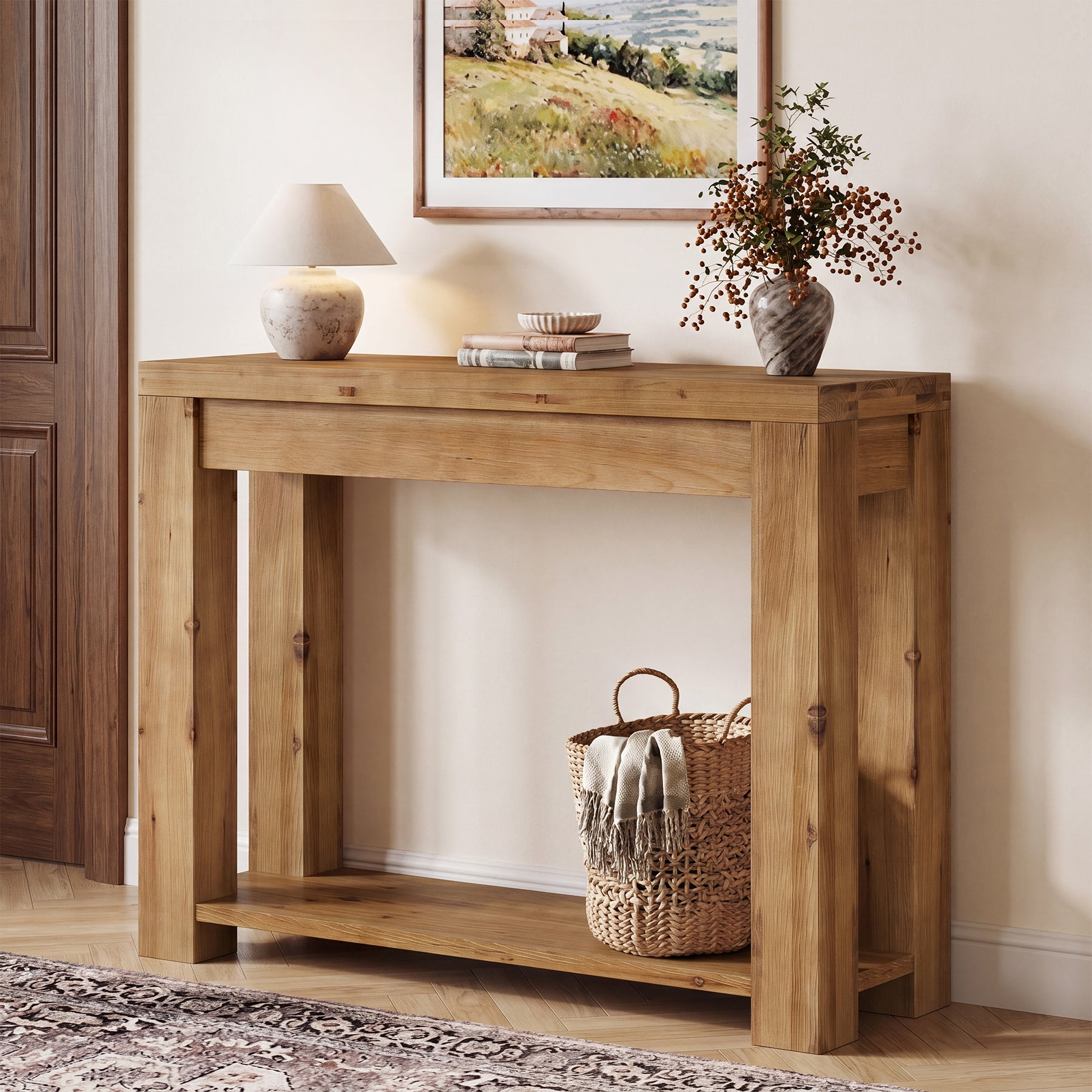 Tribesigns Konsolentisch aus Massivholz 110 cm, Schmaler Flurtisch mit 2 Ablagen