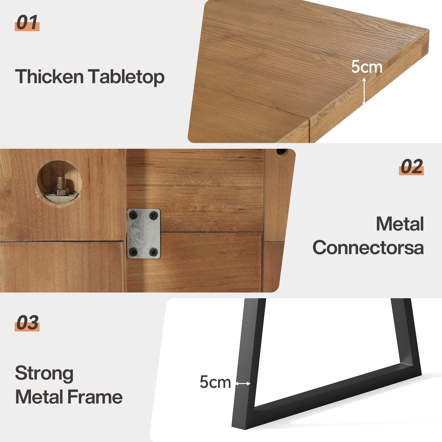Industrieller Esstisch für 4–6 Personen, 160 cm rechteckiger Massivholz-Küchentisch mit Metallbeinen