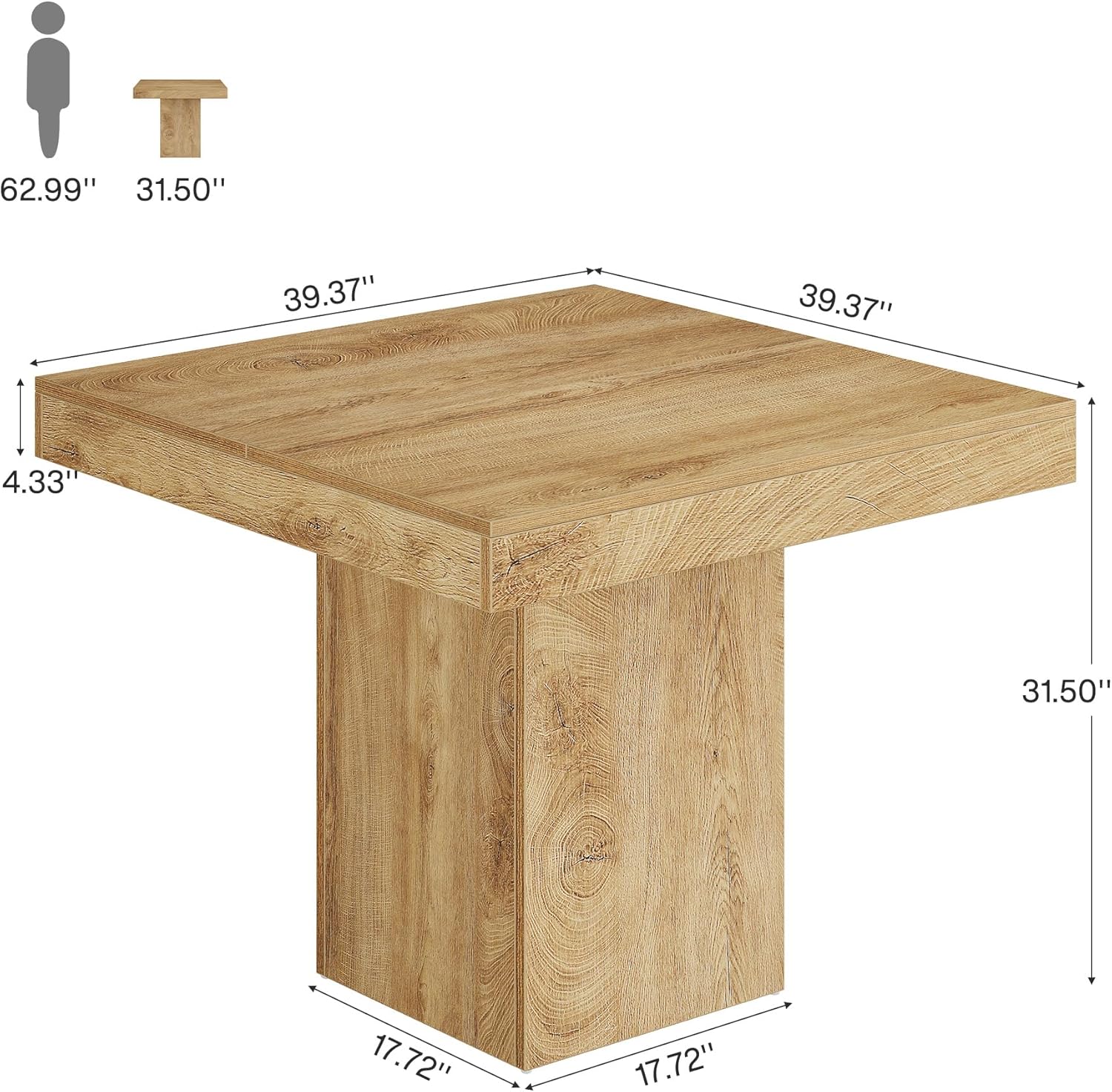 100 cm Esstisch - Quadratischer Küchentisch für 4 Personen mit dicker Platte