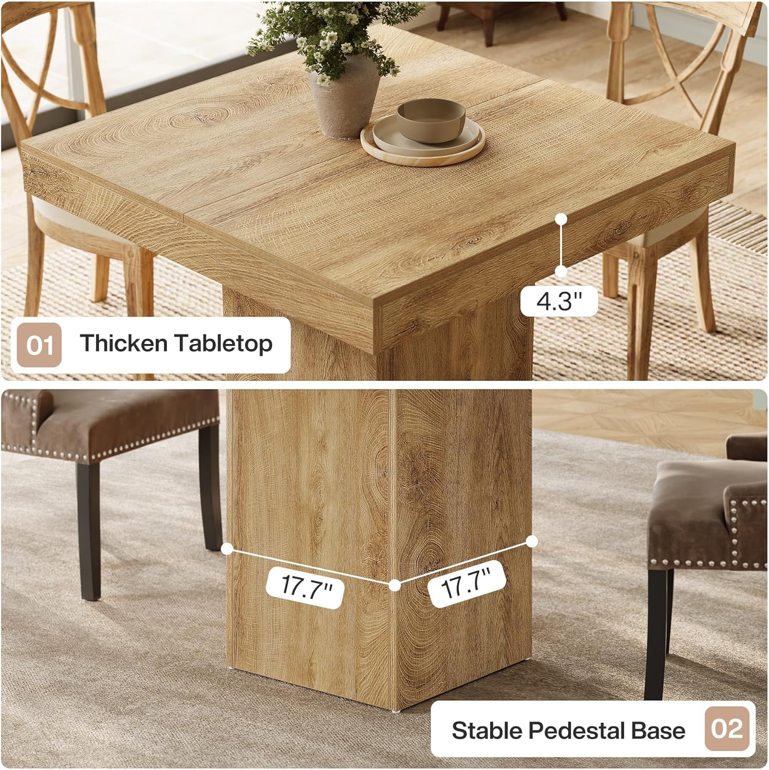 100 cm Esstisch - Quadratischer Küchentisch für 4 Personen mit dicker Platte