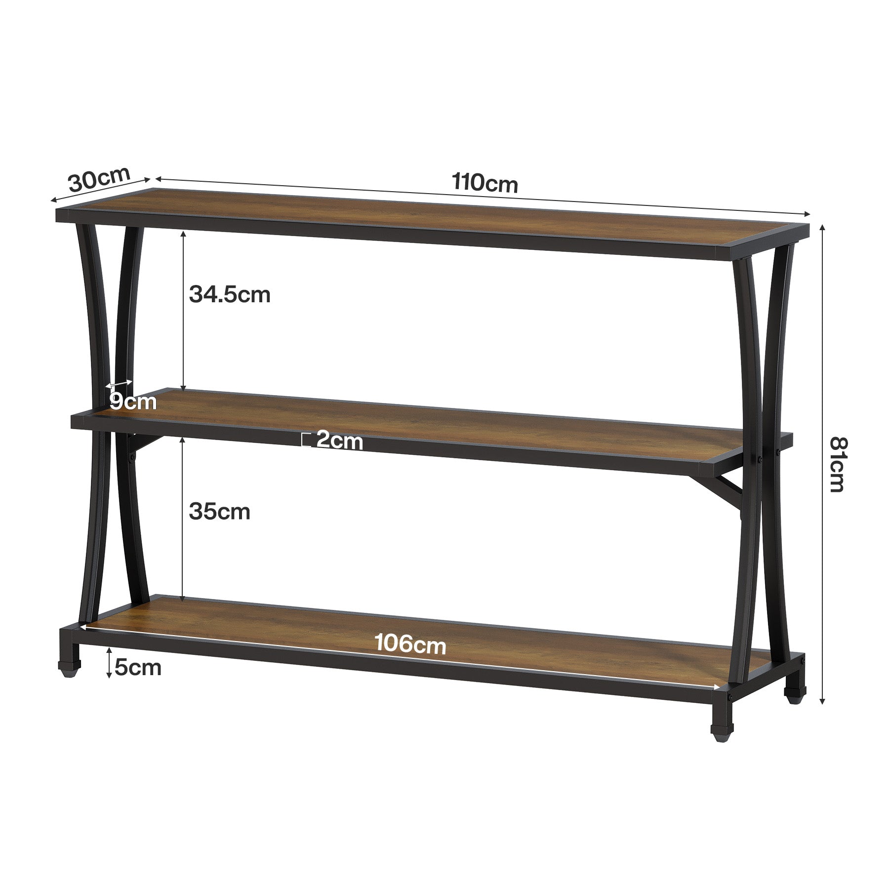 Schmaler Konsolentisch im Industrial-Stil mit 3 Ablagen, Flur- und Sofatisch in Holzoptik mit stabilem Metallrahmen