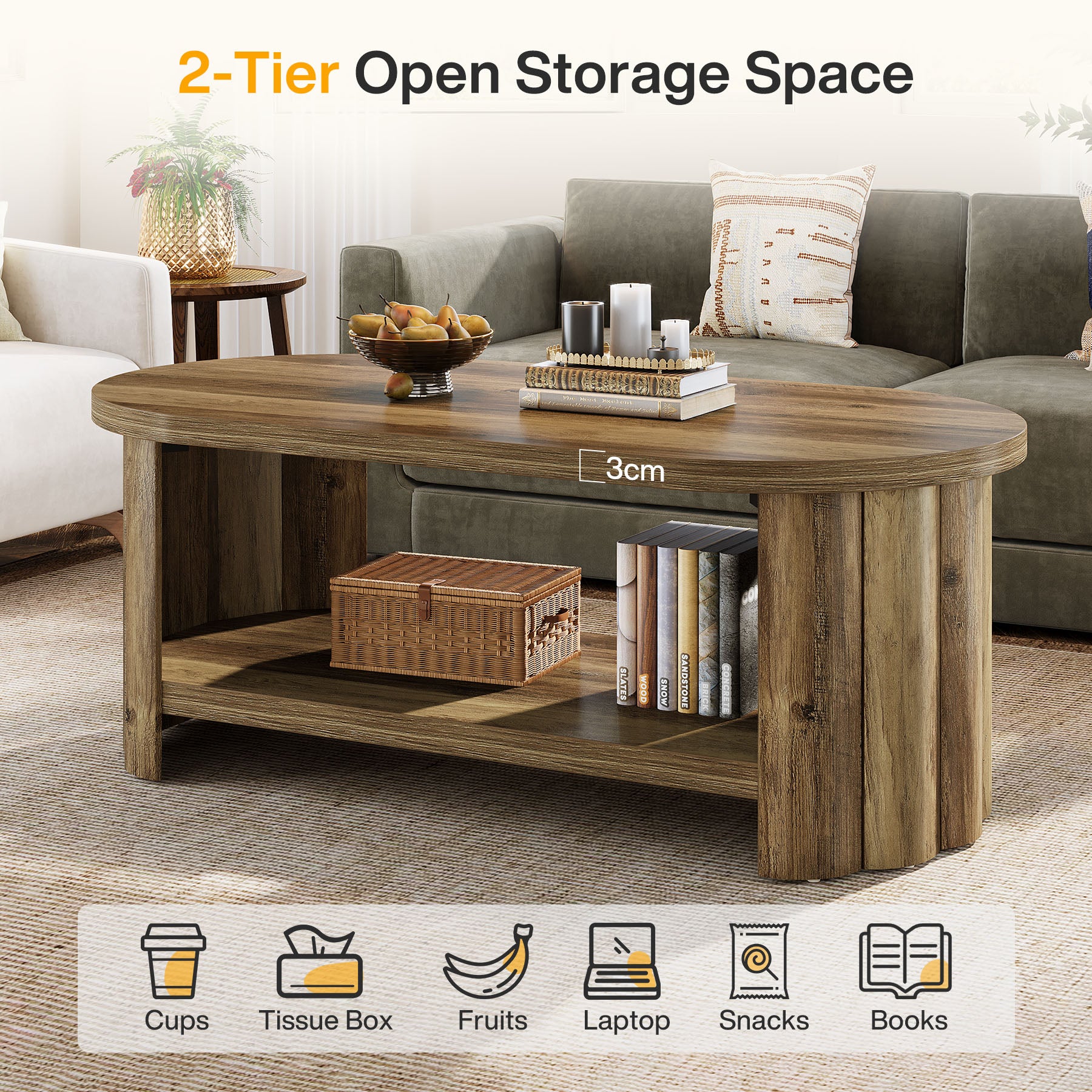 Tribesigns Ovaler Couchtisch 120 cm mit Ablagefach, Landhaus Wohnzimmertisch mit geriffeltem Standfuß