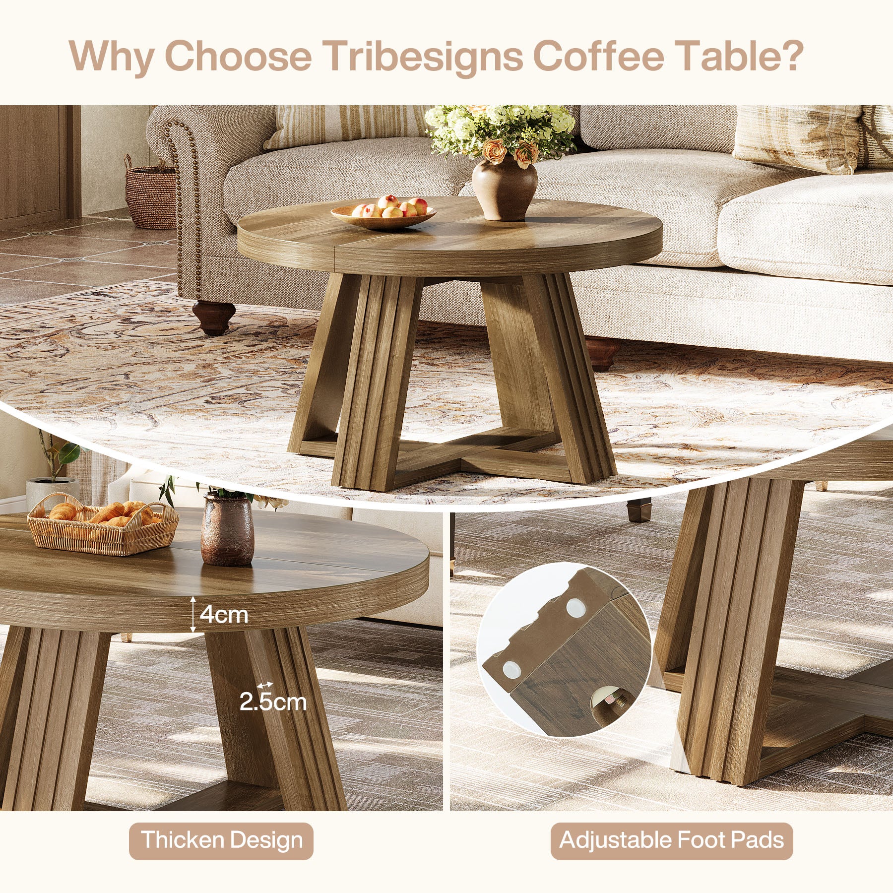 Tribesigns Runder Couchtisch 80 cm im Landhausstil, Wohnzimmertisch mit Holzmaserung & Kreuzgestell