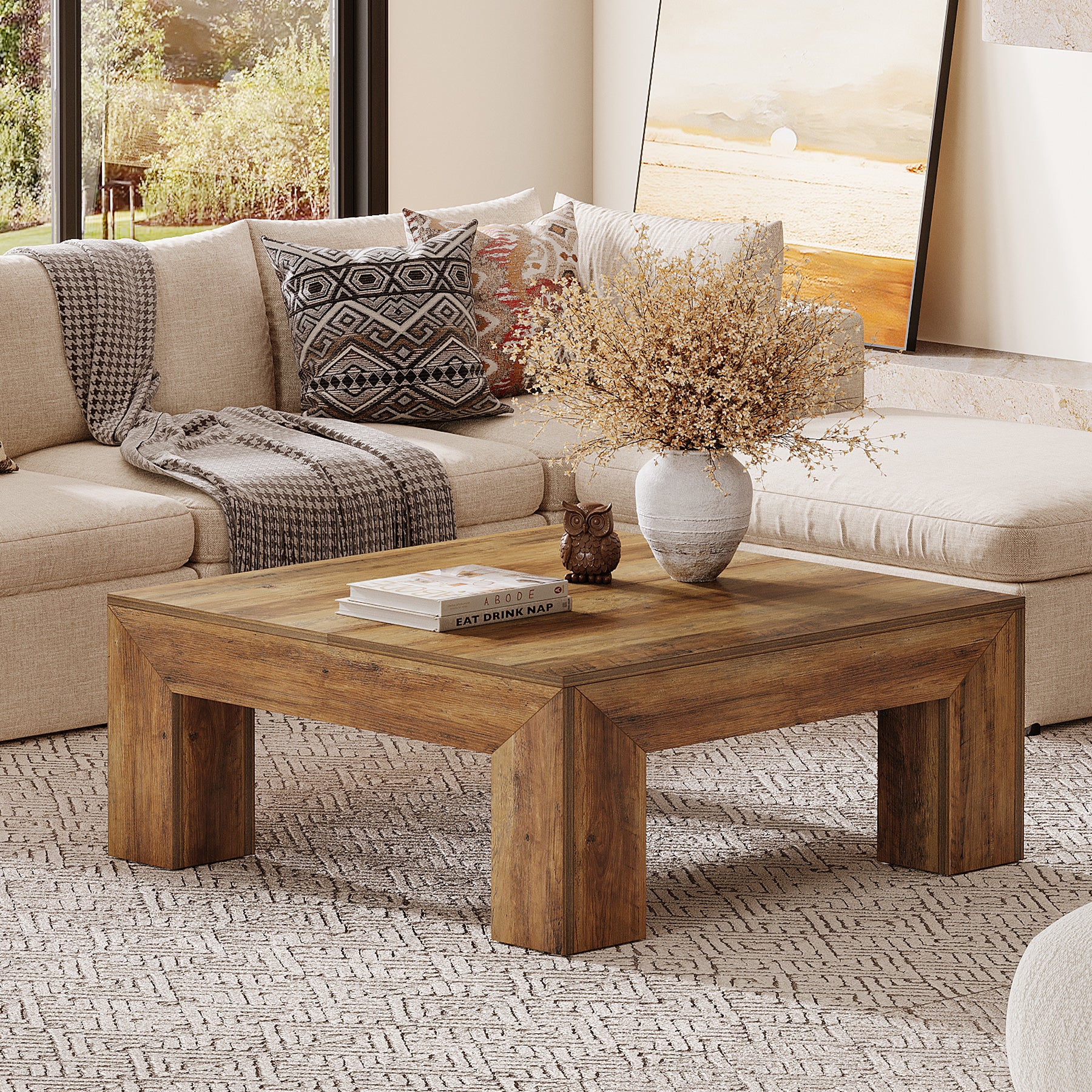 100 cm Quadratischer Couchtisch, Wohnzimmertisch aus Holz mit robusten Beinen für Sofa & Schlafzimmer