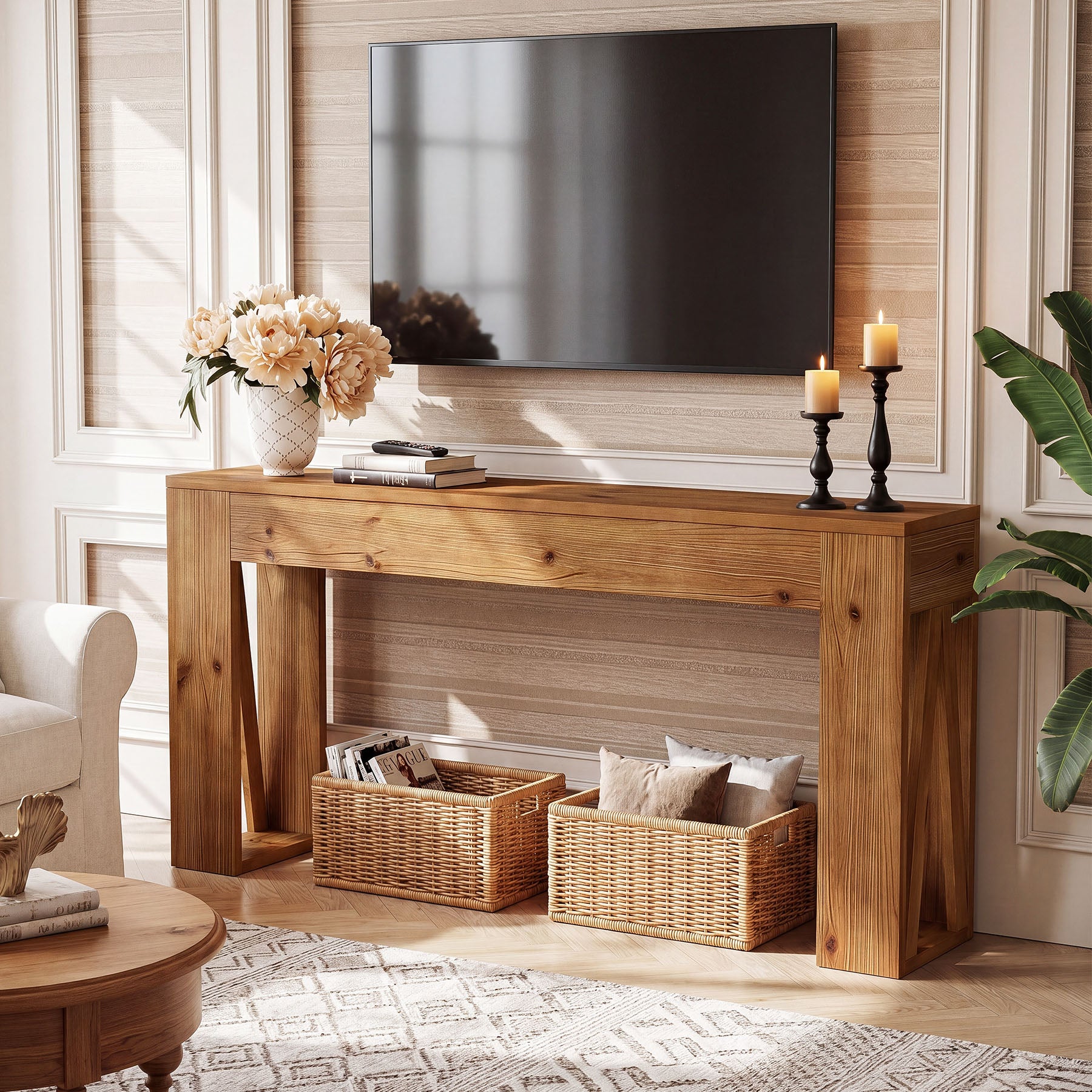 Tribesigns Massiver Konsolentisch 160 cm aus Tannenholz, schmaler Flurtisch im Landhausstil