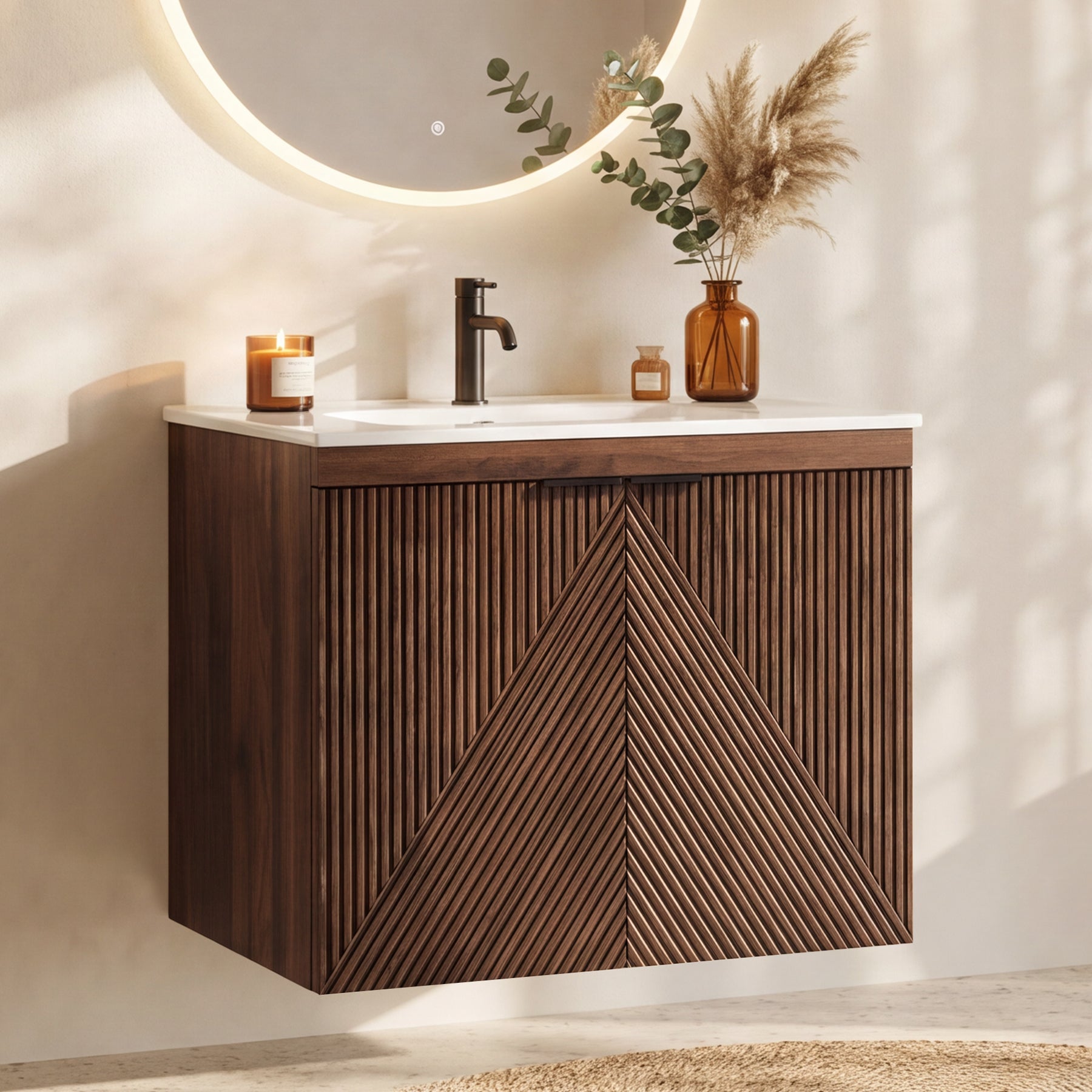 Tribesigns Wandhängender Waschtisch 60 cm mit Keramikwaschbecken, Badmöbel mit Soft-Close-Tür & Stauraum