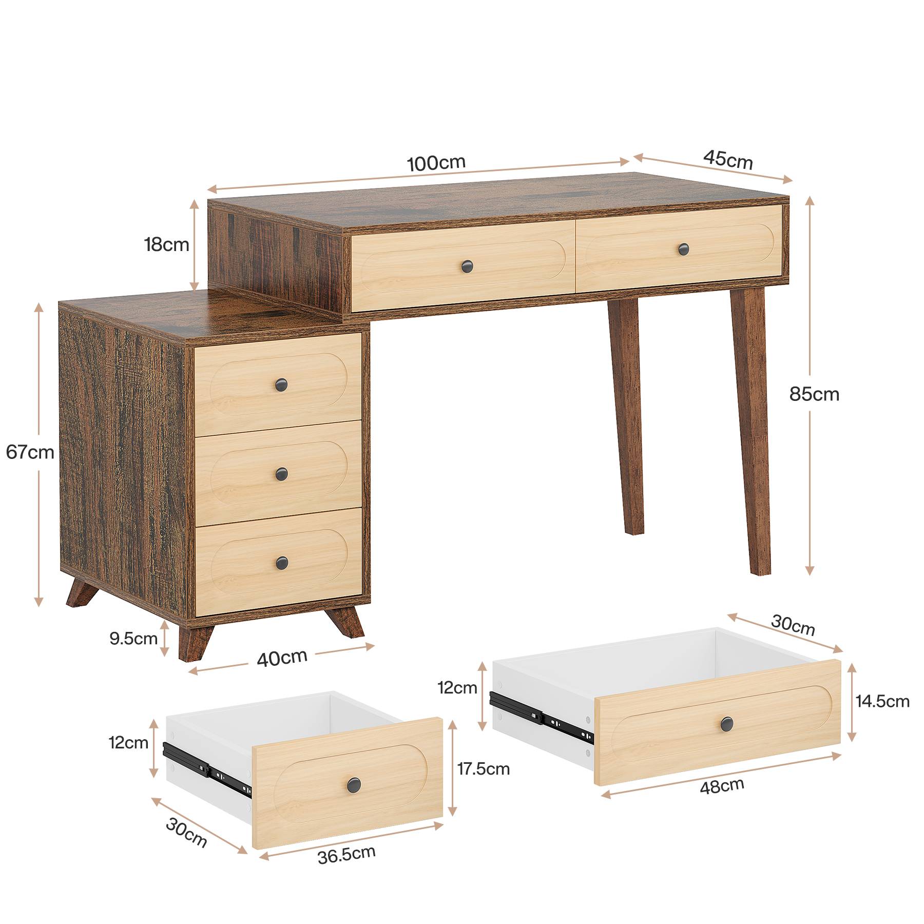 135 cm Schreibtisch mit umkehrbarem Schubladenschrank und 5 Schubladen