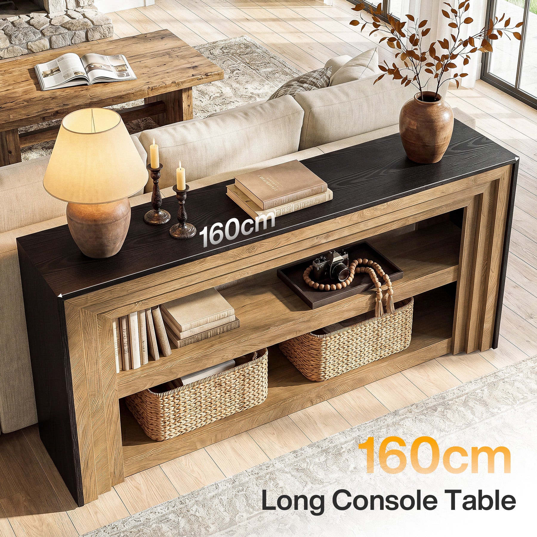 Tribesigns Konsolentisch 160 cm im Landhausstil, Schmaler Flurtisch mit 3 Ebenen & offenen Ablagen