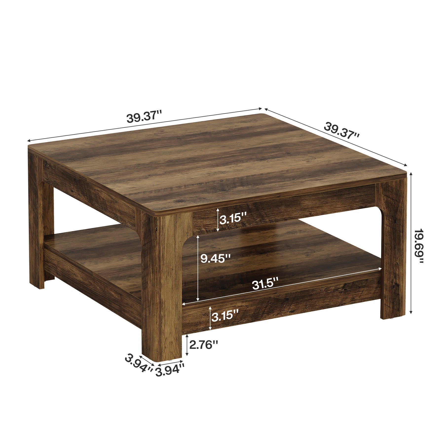 Tribesigns Couchtisch 100 cm mit Ablage, Großer quadratischer Wohnzimmertisch im Landhausstil