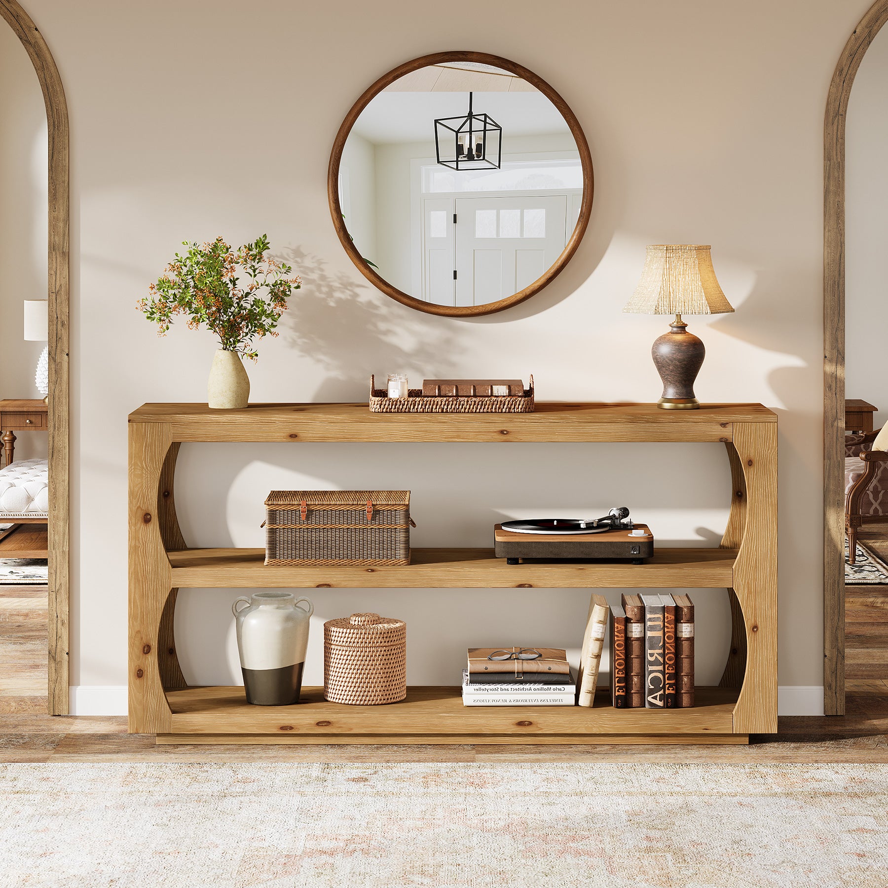 Konsolentisch 160 cm aus massivem Tannenholz, schmaler Flurtisch mit 3 Ebenen, Landhausstil für Flur, Wohnzimmer