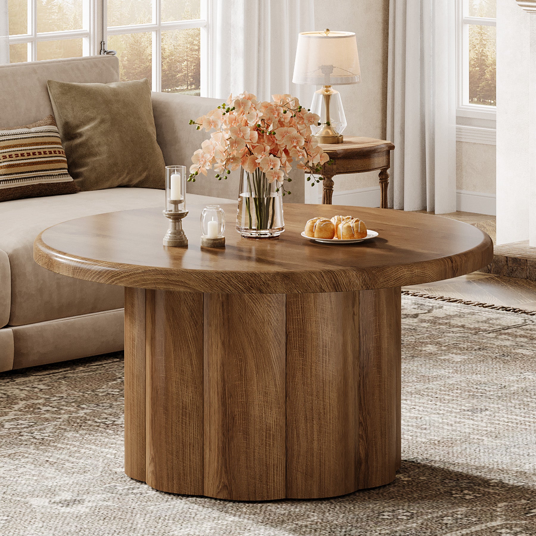 80 cm Couchtisch Rund, Landhaus Design Wohnzimmertisch mit Riffelbasis in Braun