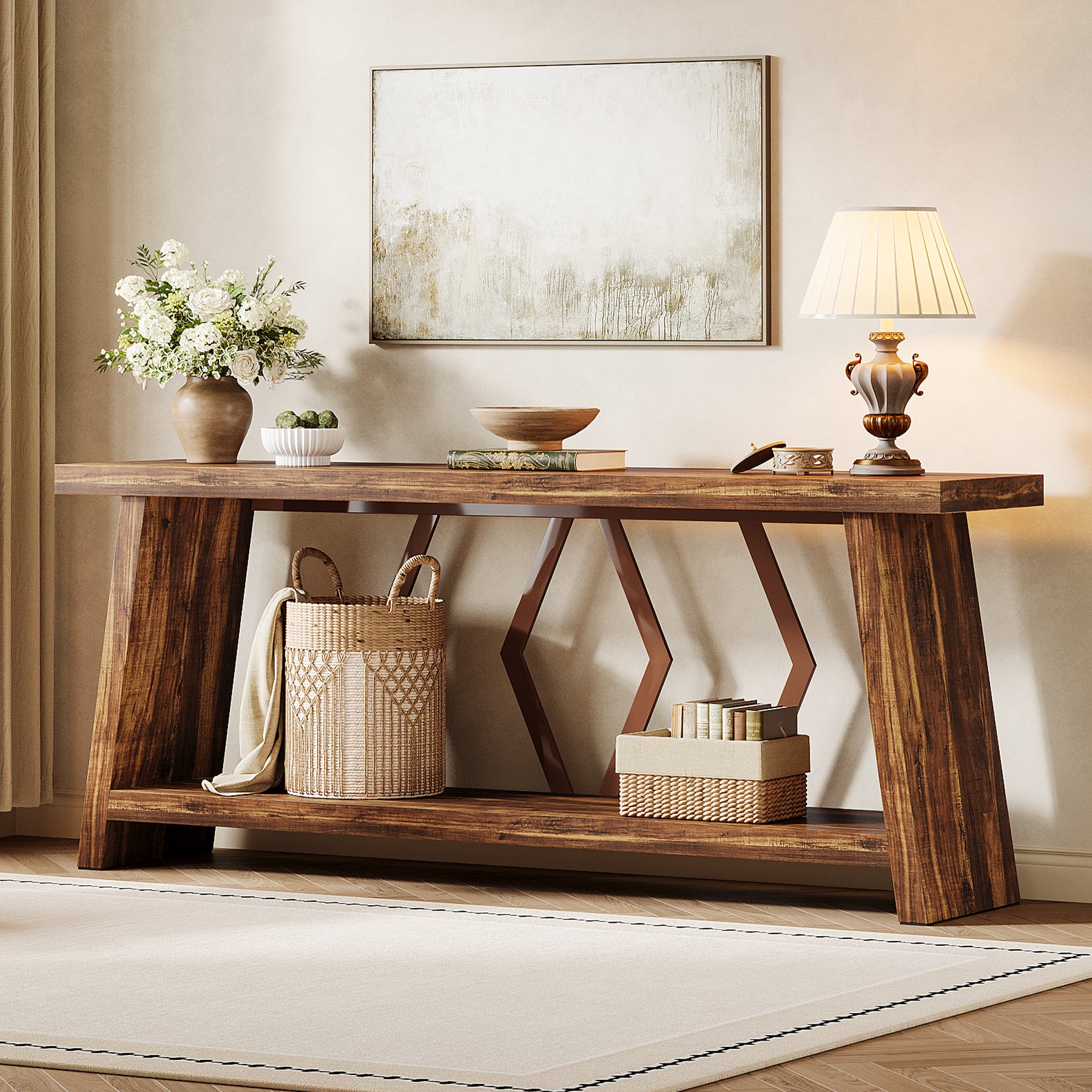 Tribesigns Extra langer Konsolentisch 180 cm mit 2 Ablagen, Schmaler Sofatisch für Wohnzimmer und Flur, Holz-Metall Design