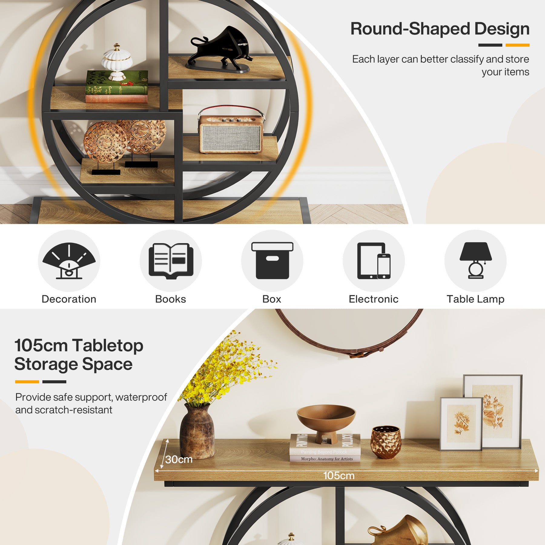 105 cm Konsolentisch, Eingangstisch, Sofatisch mit Etagere-Regalen