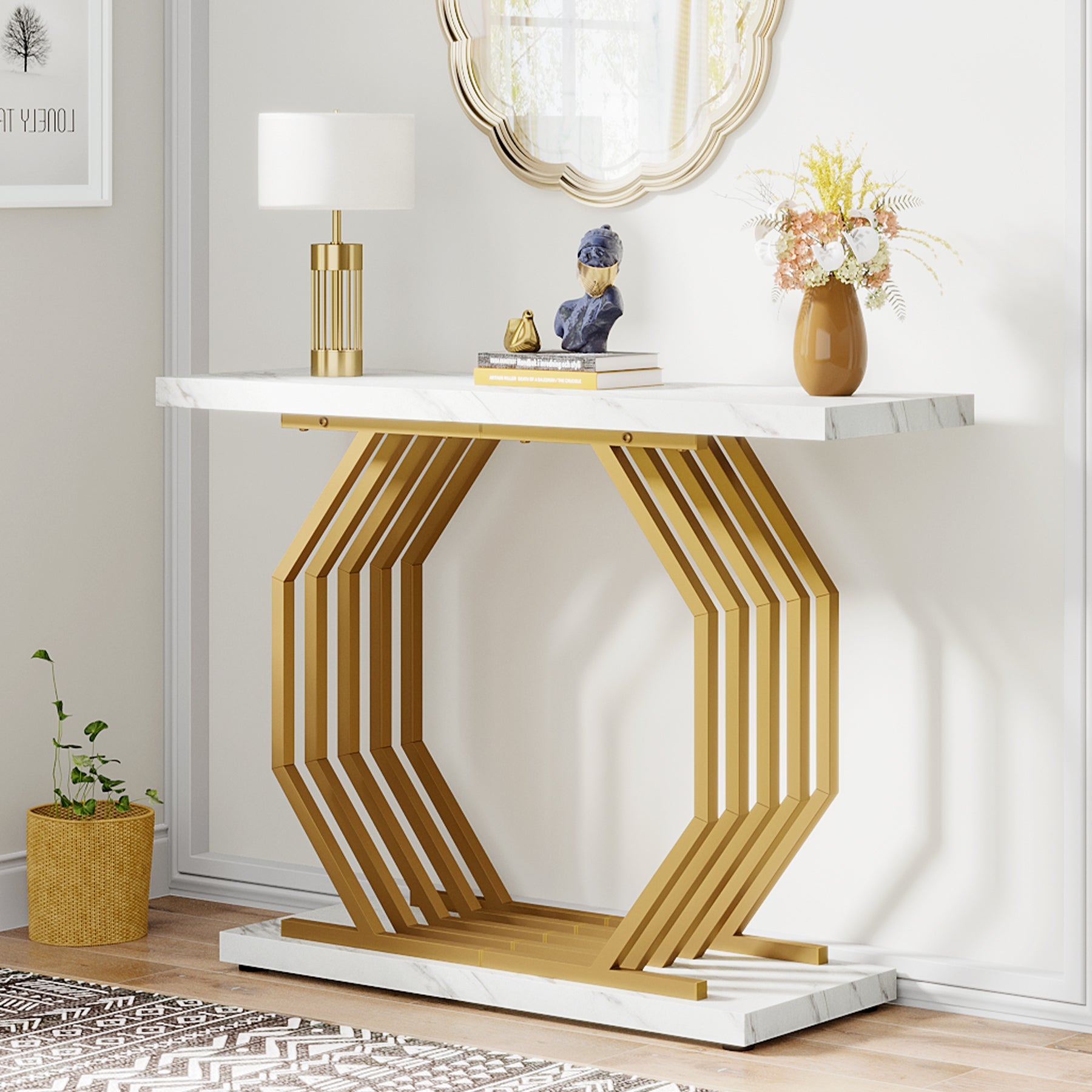 Console Table, 40" Faux Marble Sofa Table with Geometric Metal Base Tribesigns