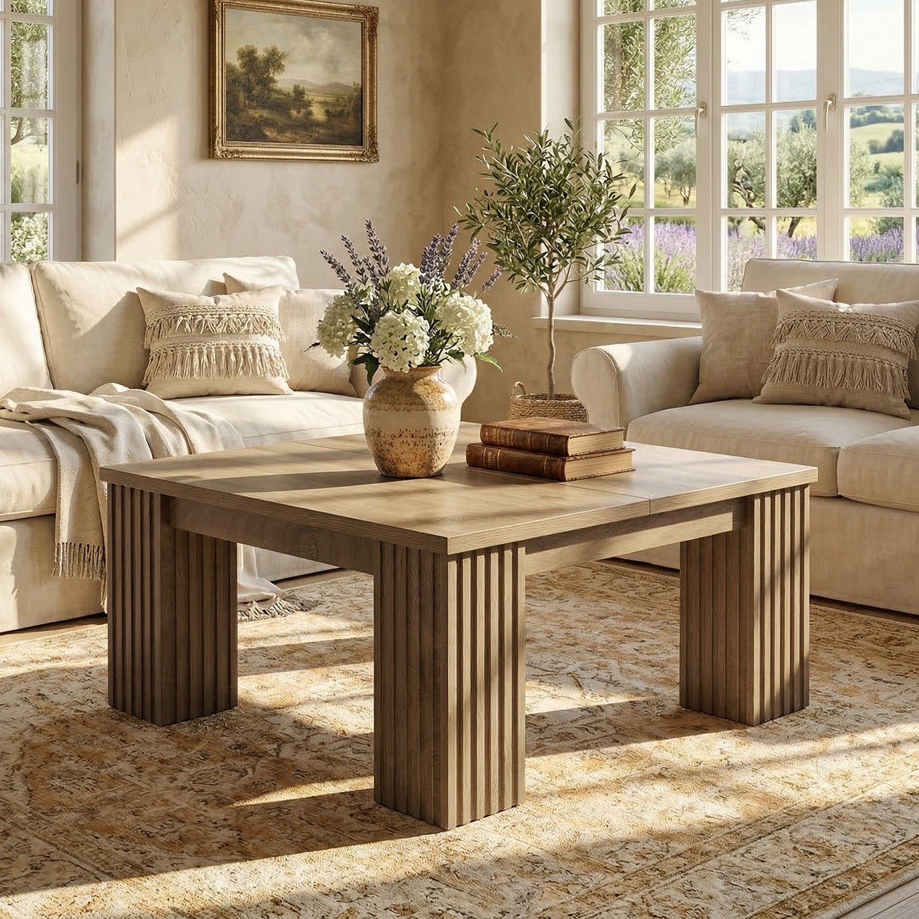 Tribesigns Quadratischer Couchtisch 100 cm, Wohnzimmertisch im Landhausstil mit geriffelten Beinen