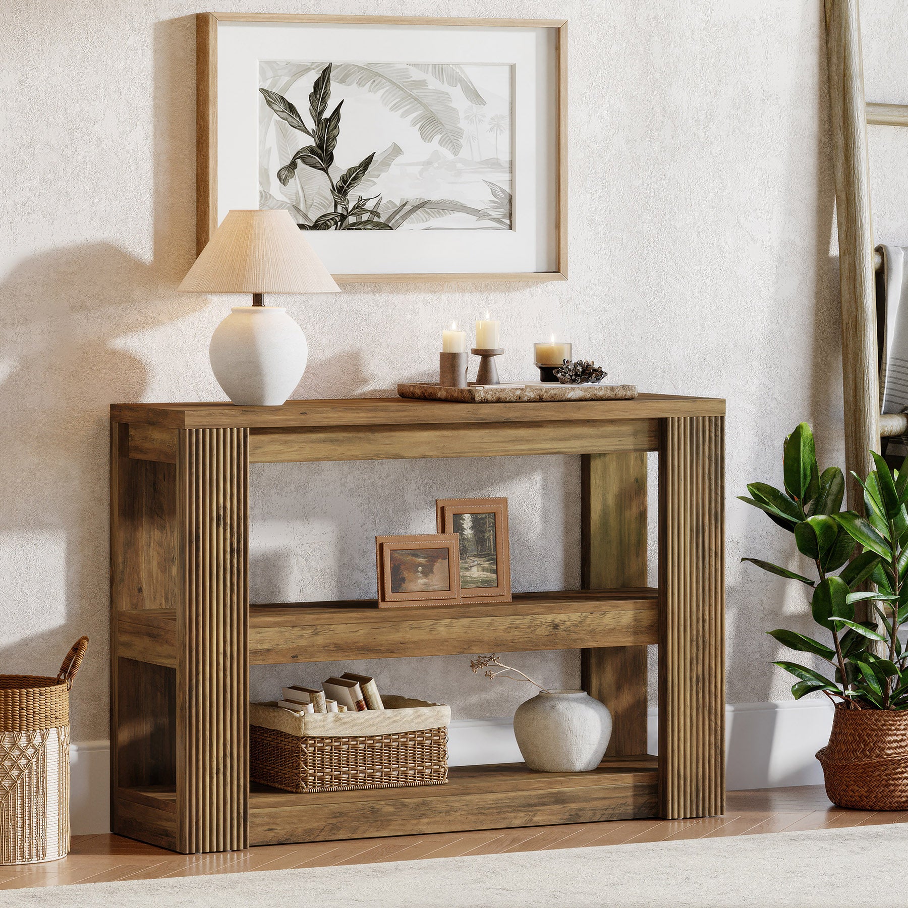 Tribesigns Schmaler Konsolentisch 105 cm – 3-stufiger Landhaus Flurtisch mit Ablagen, Sofatisch für Eingangsbereich & Wohnzimmer