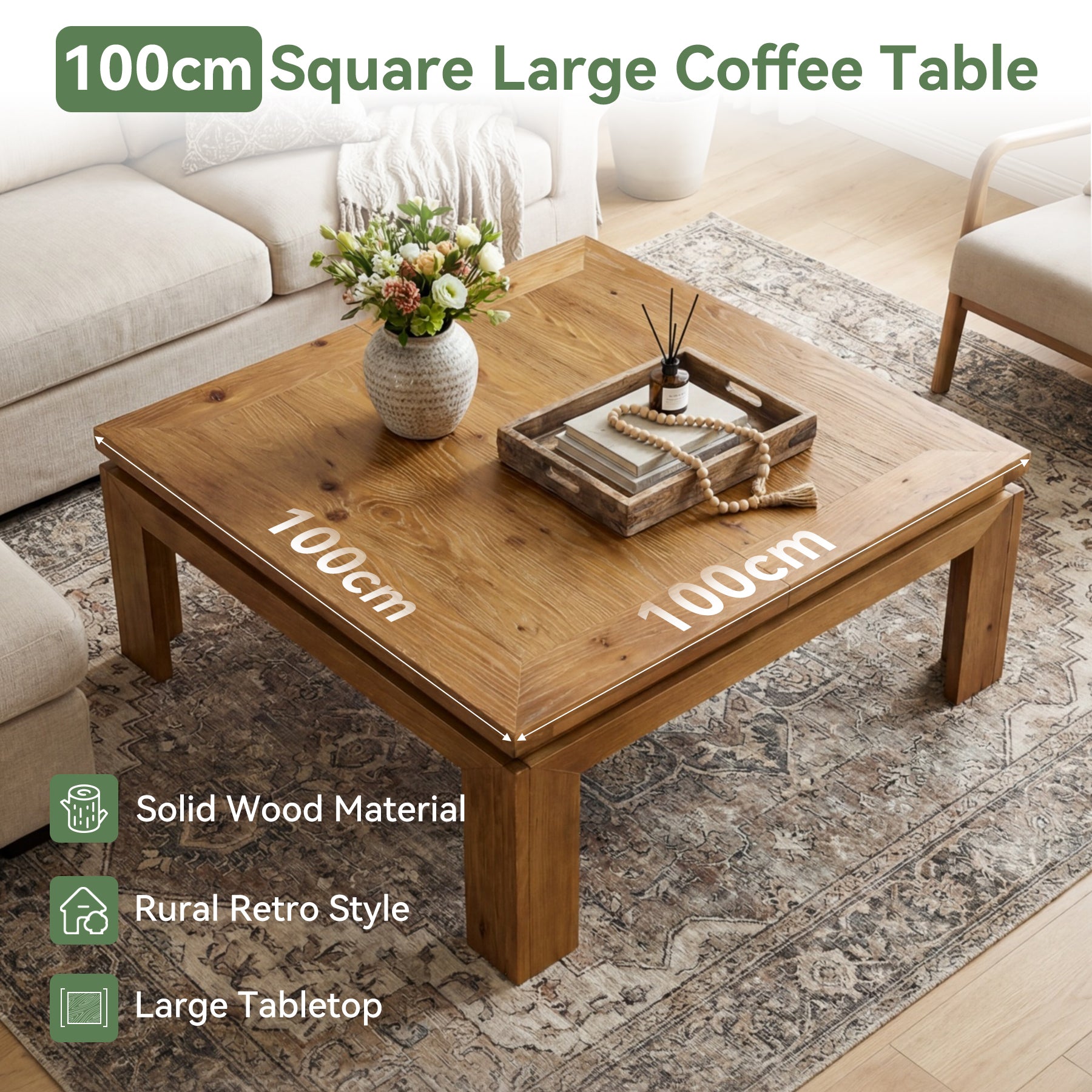 Tribesigns 100 cm quadratischer Couchtisch aus Massivholz, großer Wohnzimmertisch mit eingelassenem Randdesign