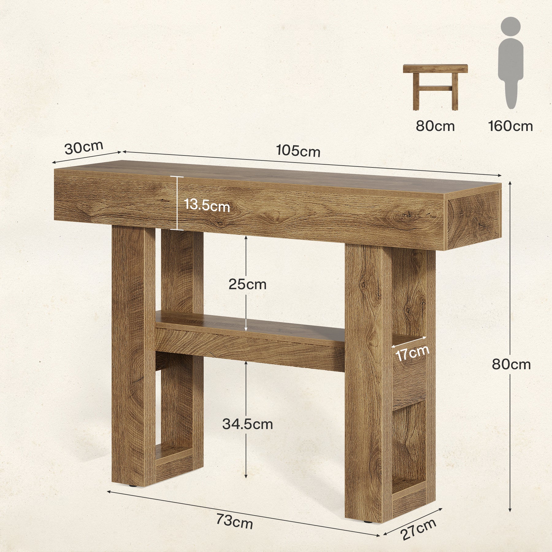 105 cm Farmhouse Konsoletisch mit 2 Ebenen - Schmaler Flurtisch in Rustikalbraun mit Ablagefächern