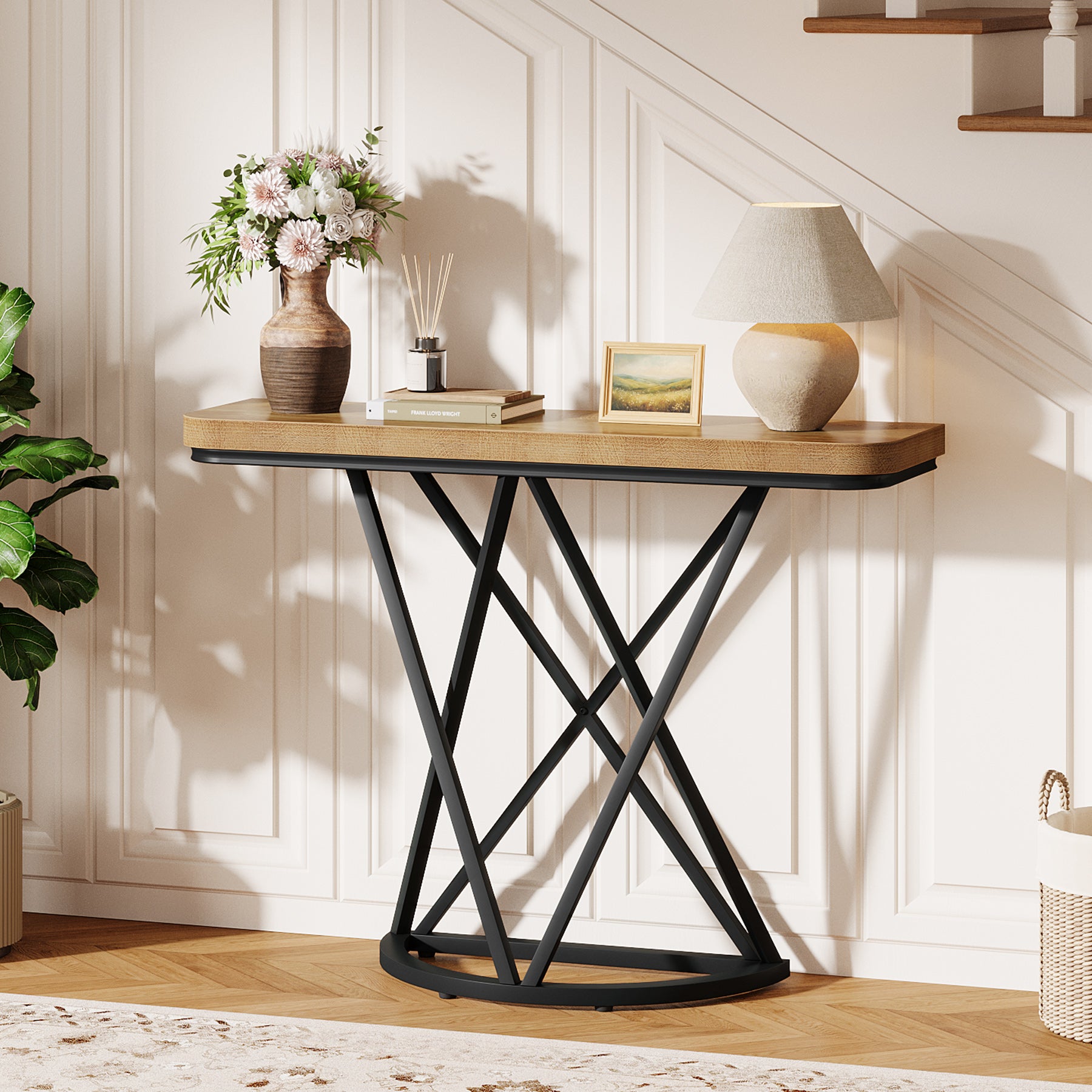Schmaler Konsolentisch 105 cm, Industrieller Flurtisch mit geometrischem Metallgestell