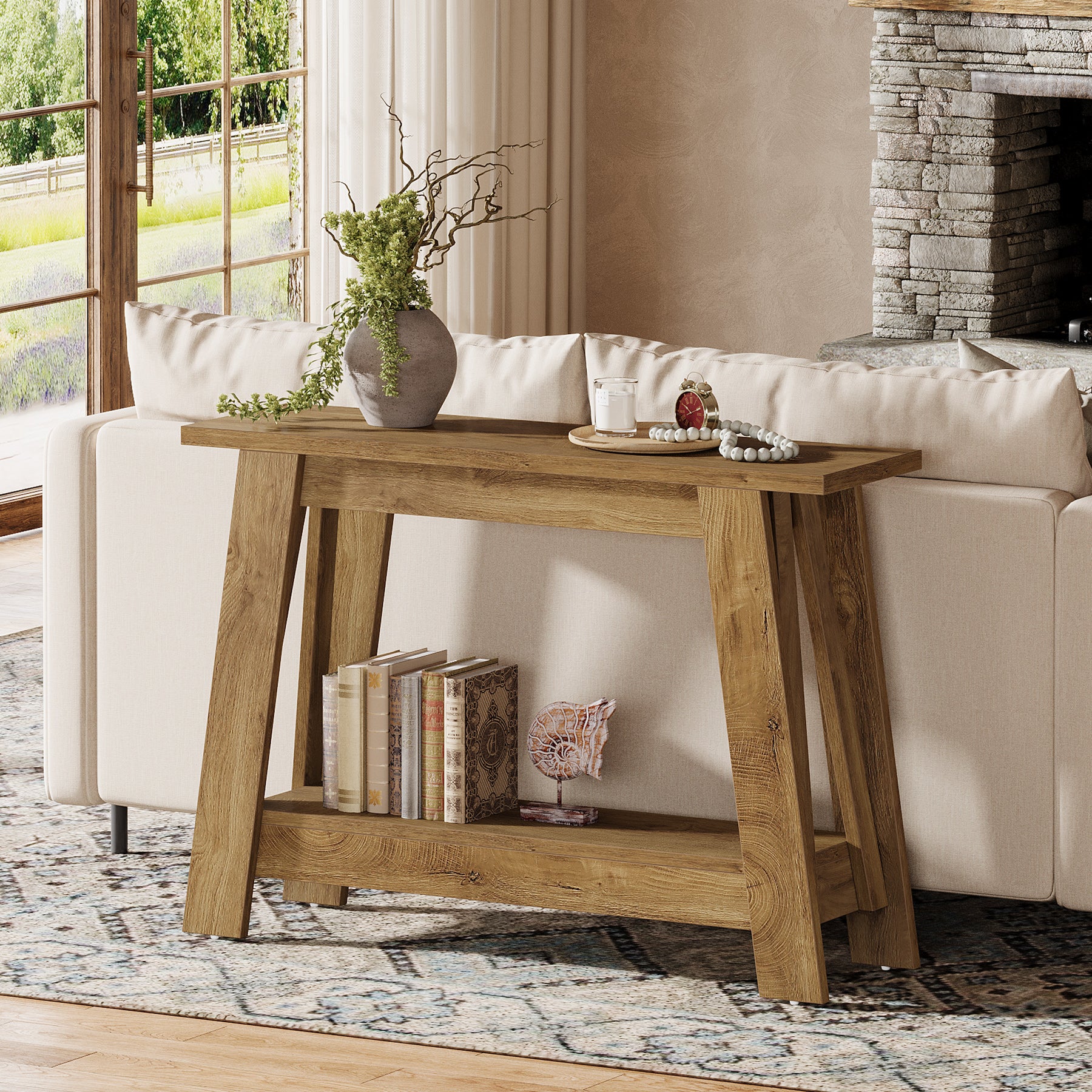 105 cm Farmhouse Konsolentisch mit 2 Ebenen Stauraum, Schmaler Sofatisch im Landhausstil