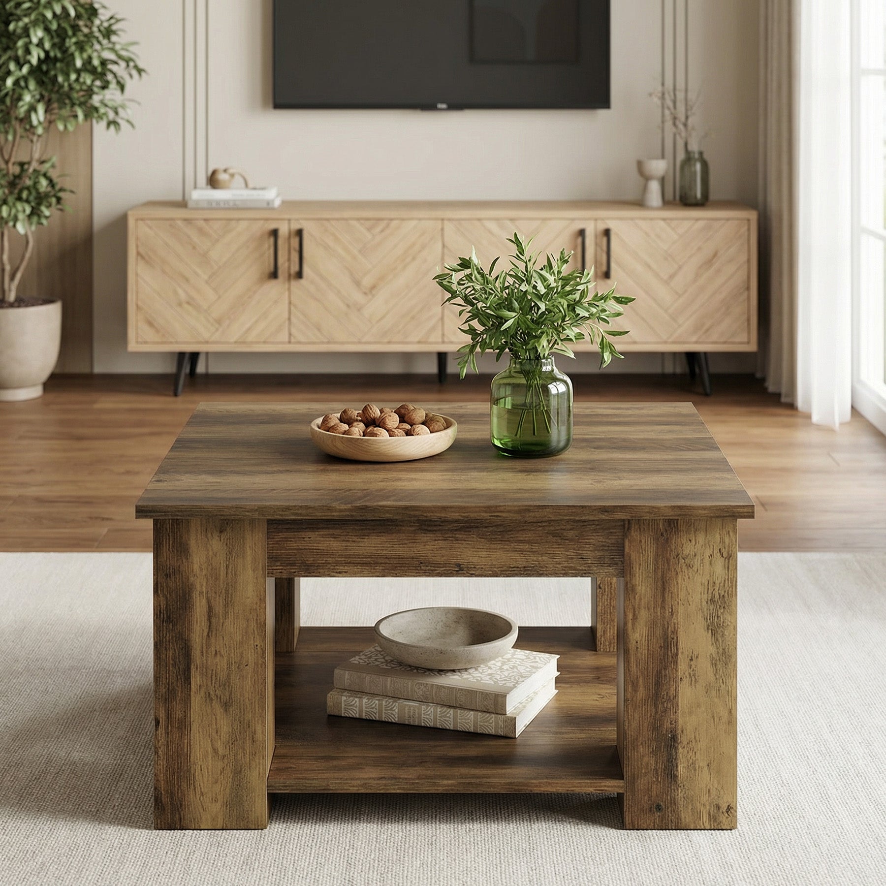 Tribesigns Quadratischer Couchtisch 80 cm, 2 Ebenen Wohnzimmertisch mit Ablage