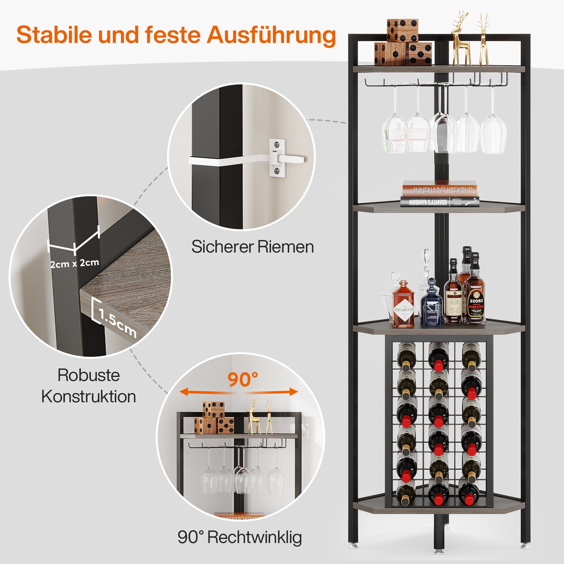 4-stöckiges freistehendes Eckweinregal mit Glashalter & Wein-Lagerung
