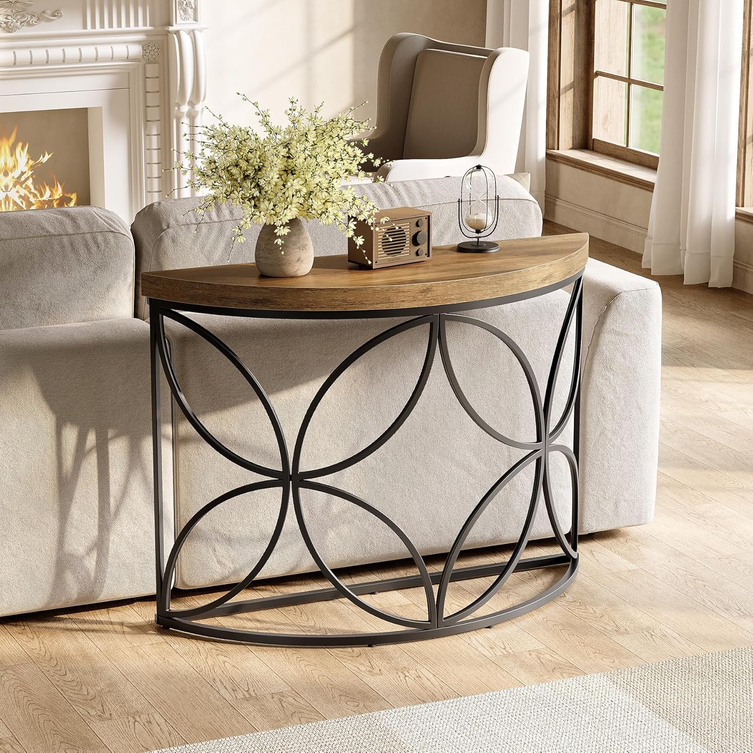 110 cm Sofatisch - Industrielle Konsole mit Blumenmotiv für Wohnzimmer & Flur