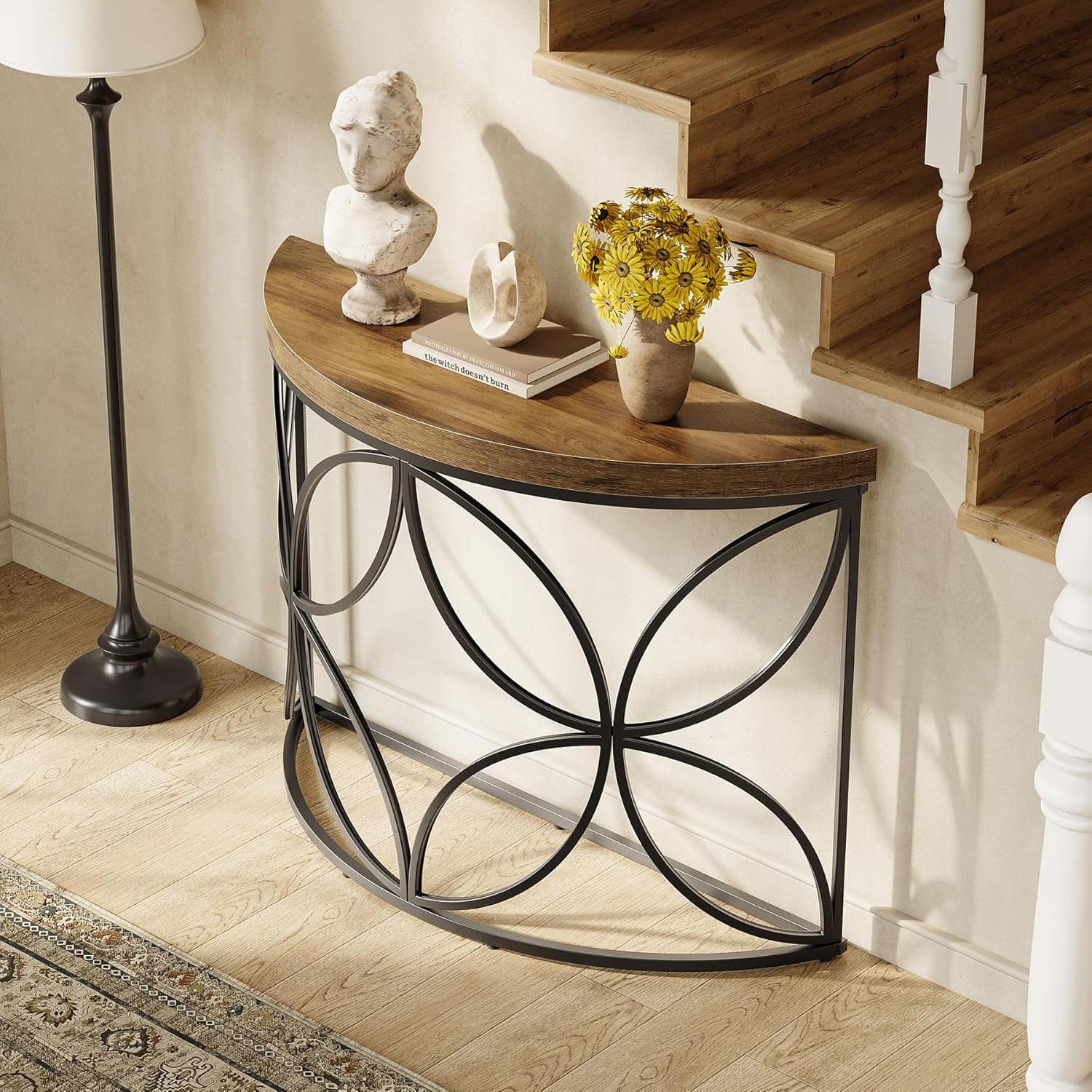 110 cm Sofatisch - Industrielle Konsole mit Blumenmotiv für Wohnzimmer & Flur