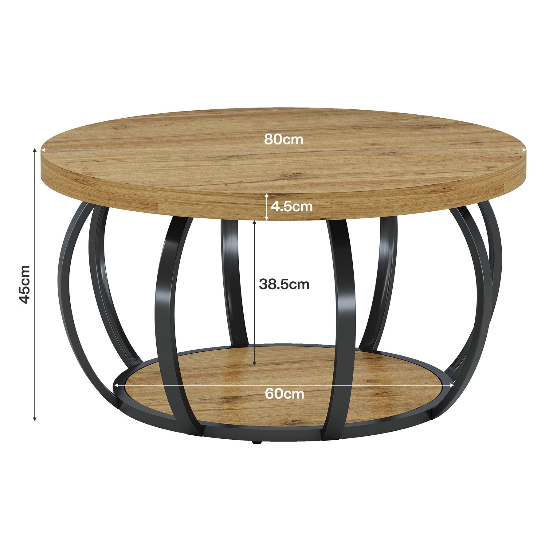 Tribesigns Runde Couchtisch 80 cm, Industrial 2-Tier-Kreis Couchtisch mit Lagerung Regale