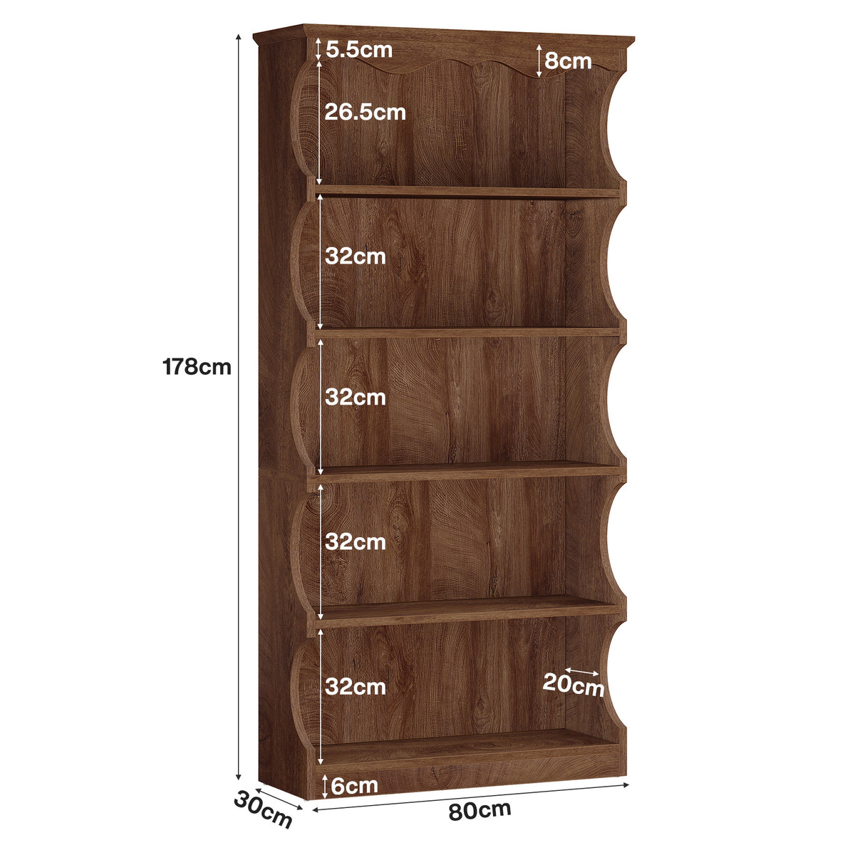 180 cm Freistehendes Bücherregal, Offenes Holzregal mit 6 Ablagen für